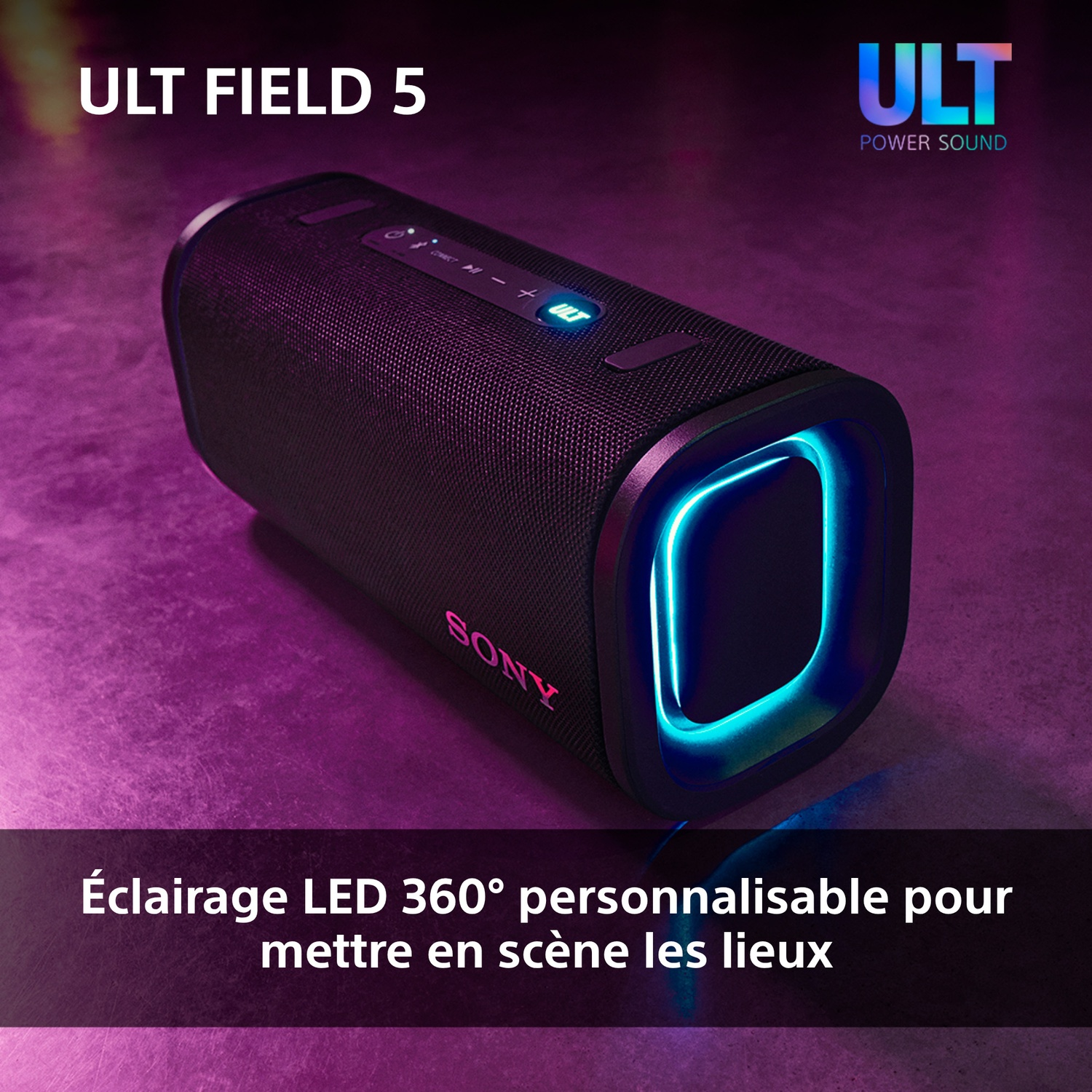 Haut-parleur noir avec lumière bleue. Texte blanc : ULT FIELD 5 et SONY. Fond violet.