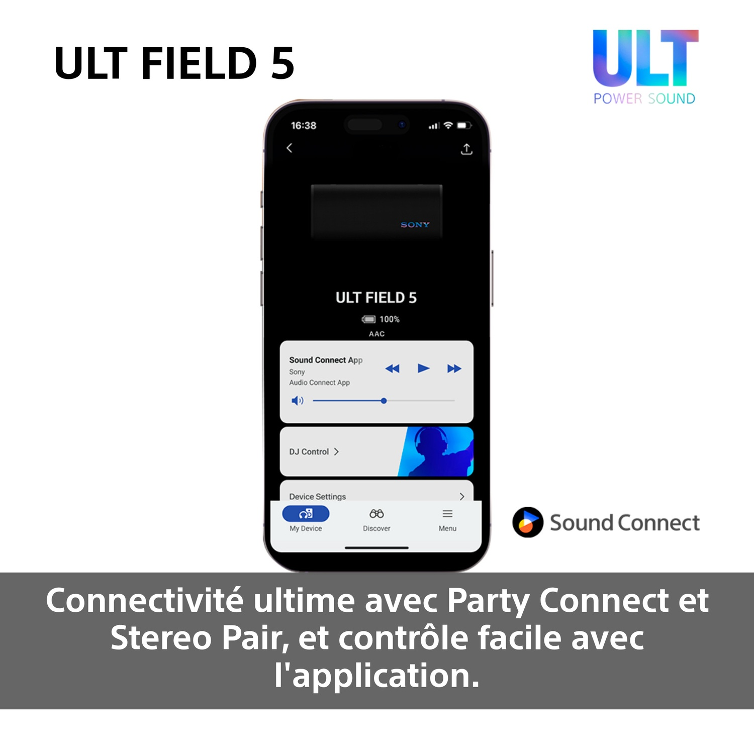 Écran de smartphone affichant l'application d'enceinte Sony, enceinte noire en arrière-plan.
