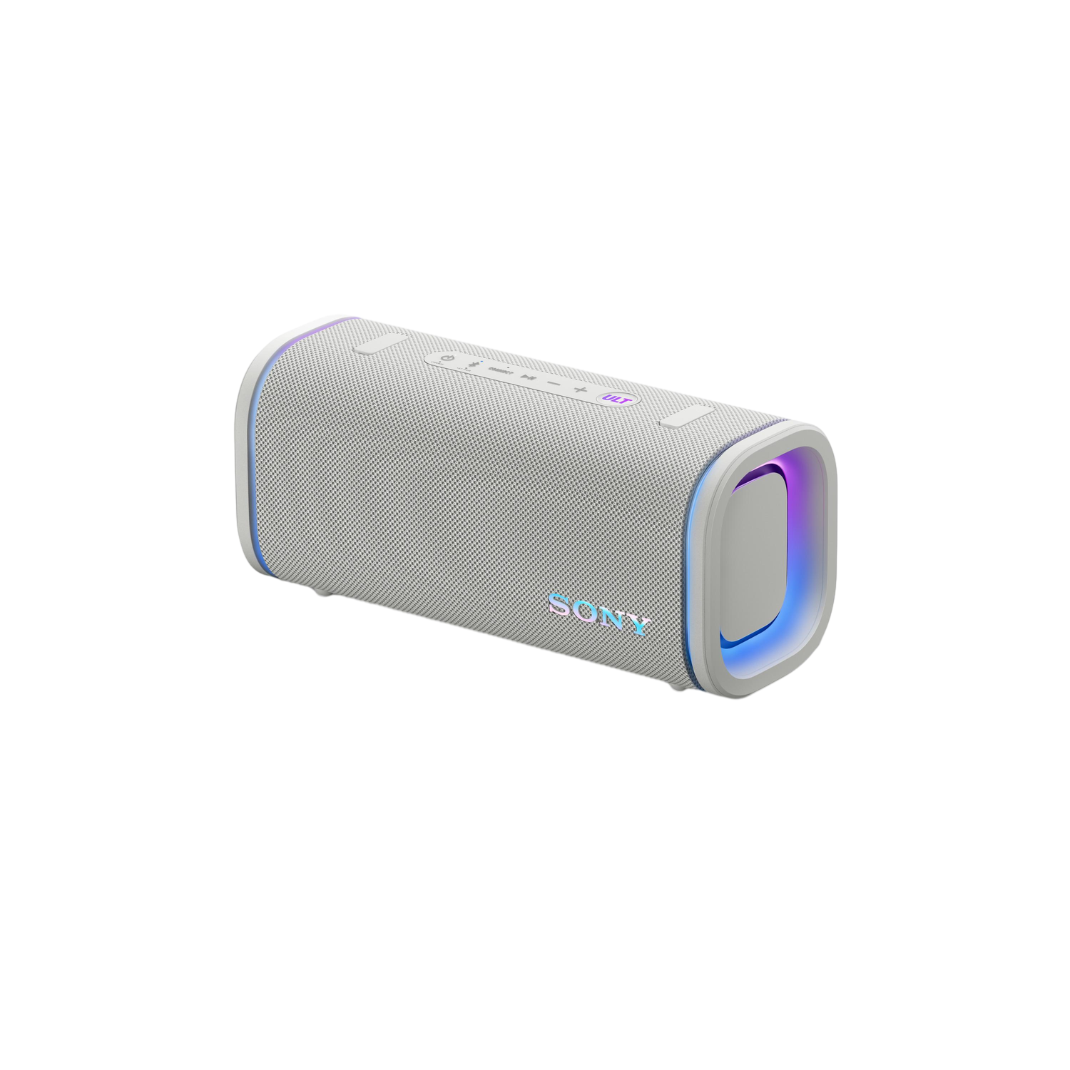 Haut-parleur portable cylindrique blanc avec des lumières bleues et violettes. Le logo Sony est au milieu.