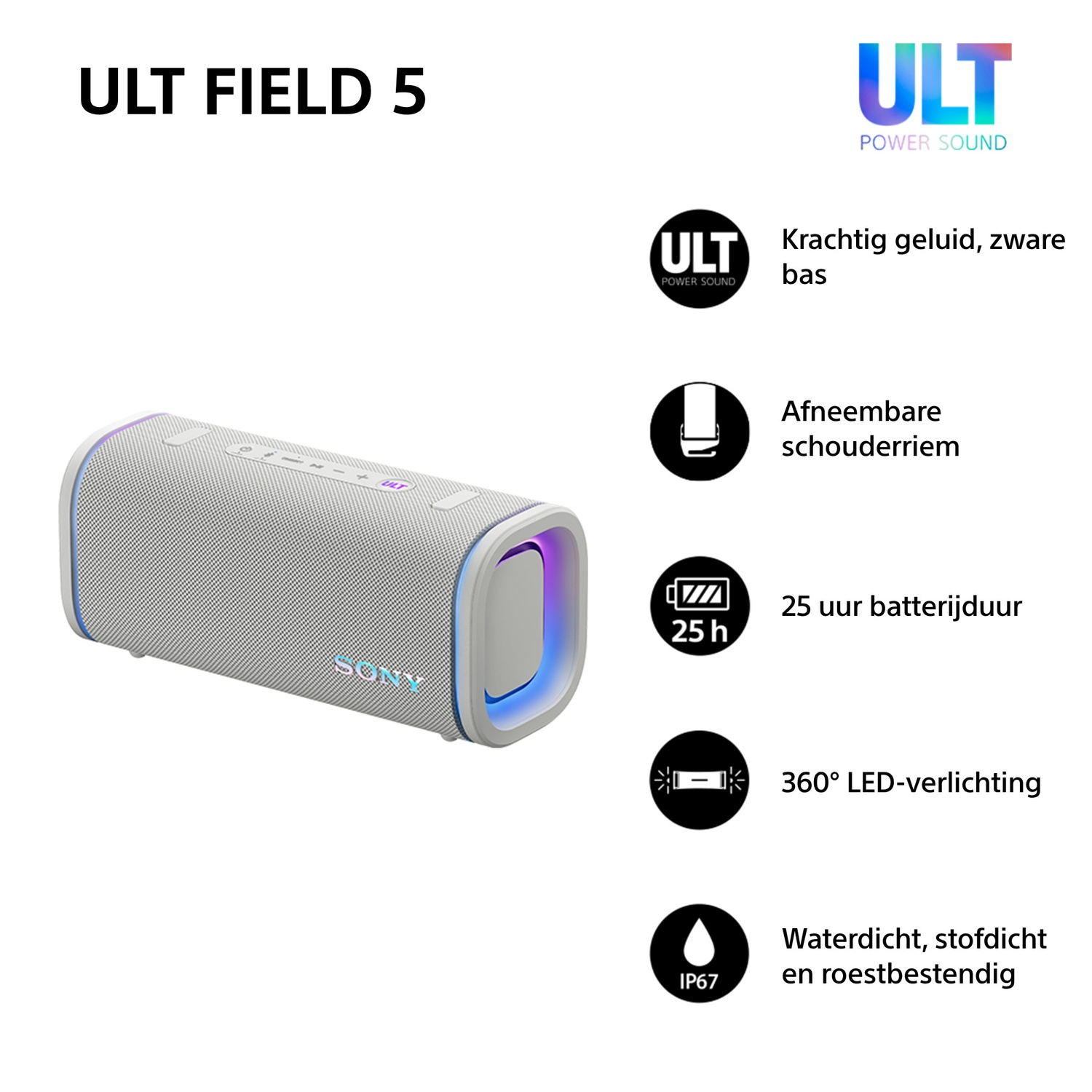 Witte en grijze speaker met tekst en iconen. Inclusief een 25-uurs batterij-icoon.