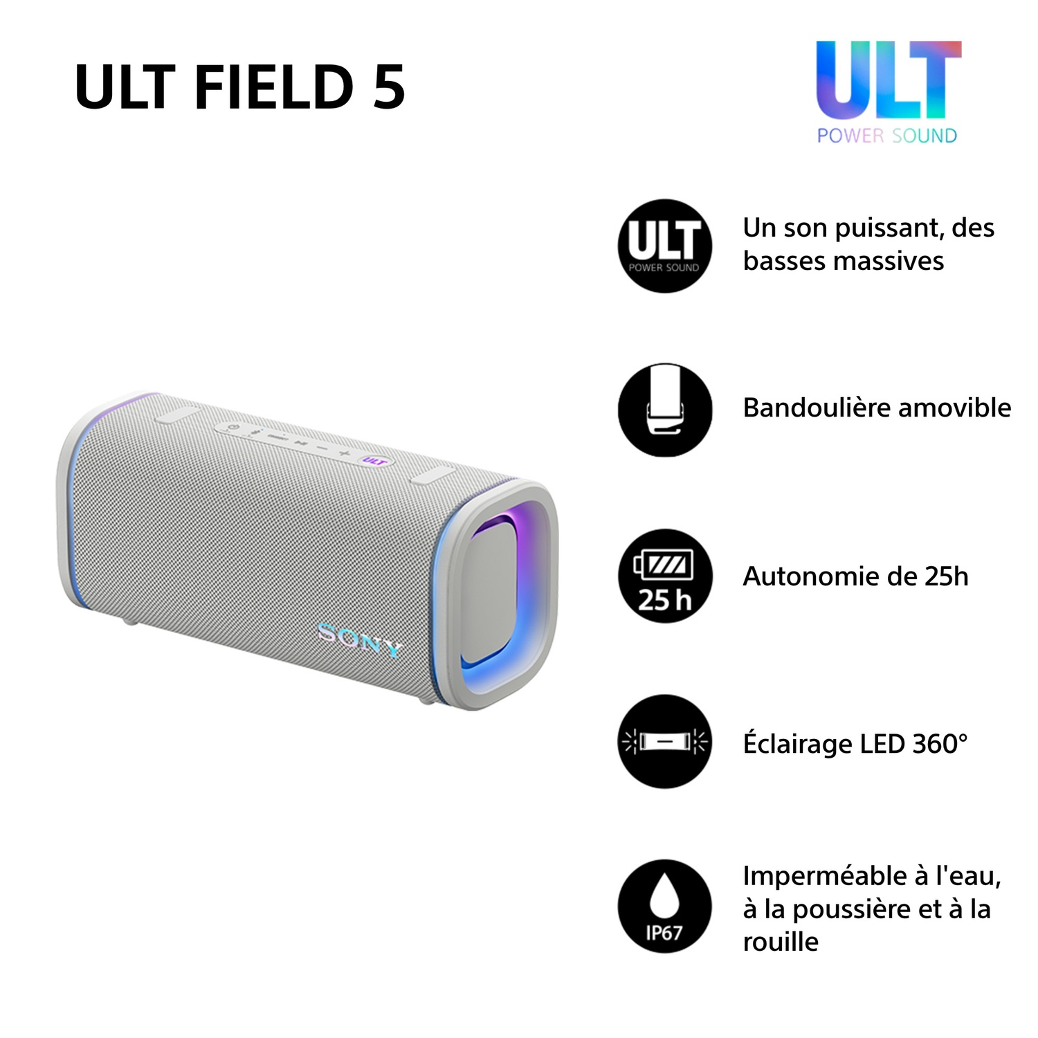 Enceinte portable blanche et grise avec texte. Icônes et texte autour. Fond blanc.