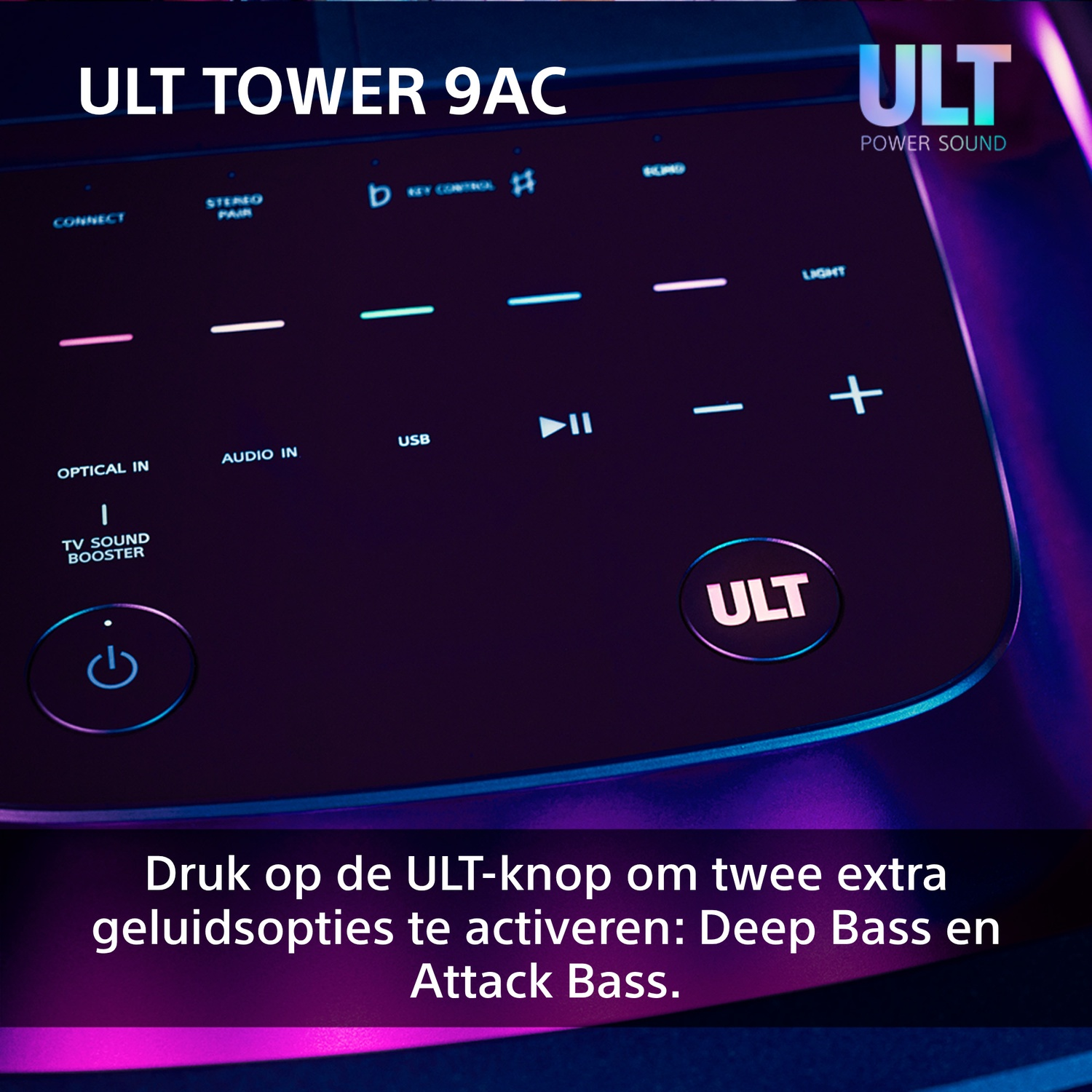 Close-up van een luidsprekerbedieningspaneel met knoppen en een scherm met de naam 'ULT TOWER 9AC'.