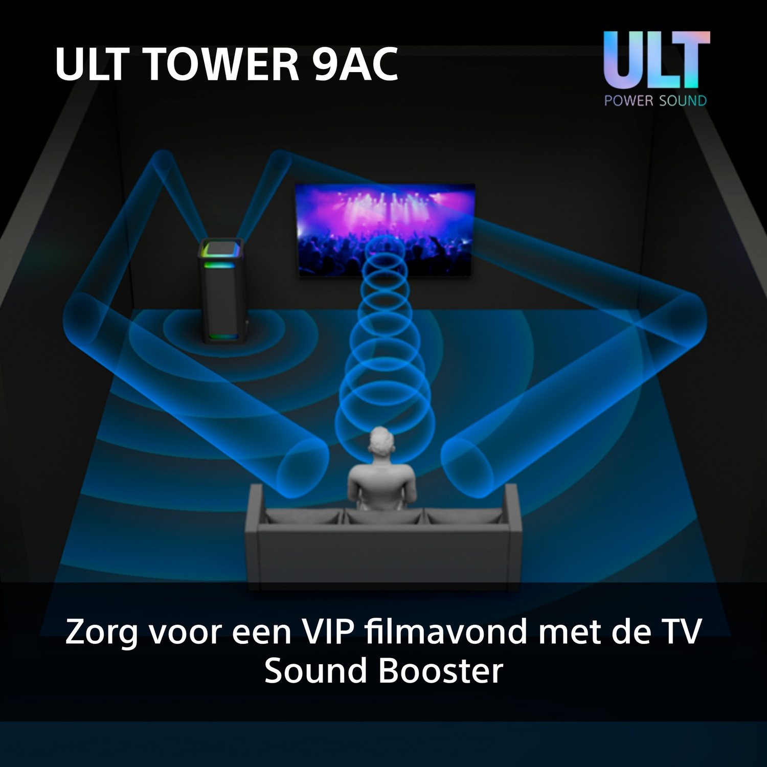 Kamer met tv, luidspreker en persoon op een bank. Blauwe geluidsgolven worden getoond.
