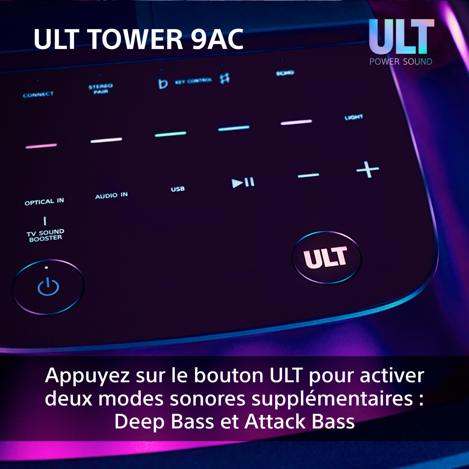 Gros plan sur un panneau de commande de haut-parleur noir et violet.