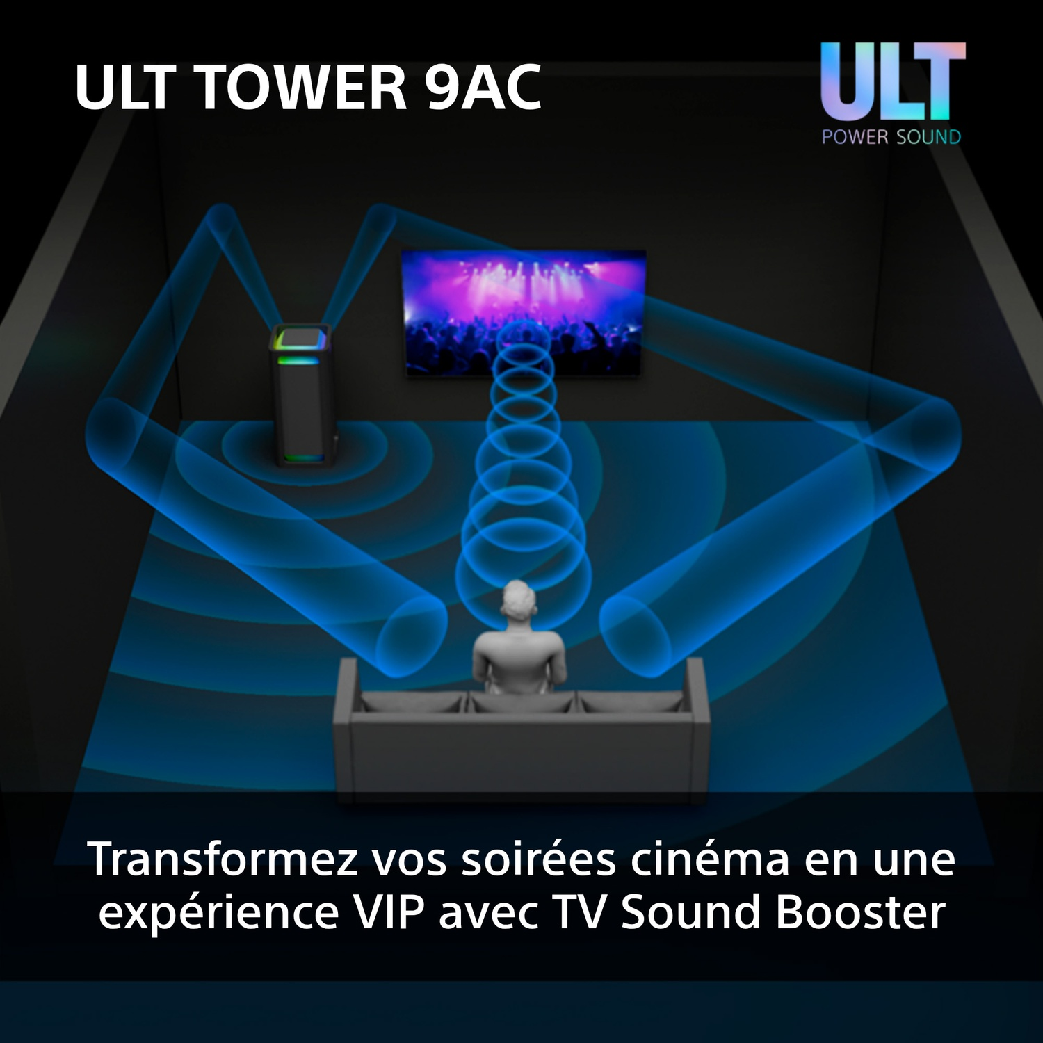Enceinte ULT Tower 9AC dans une pièce sombre avec des ondes sonores bleues, une personne sur un canapé regardant la télé.