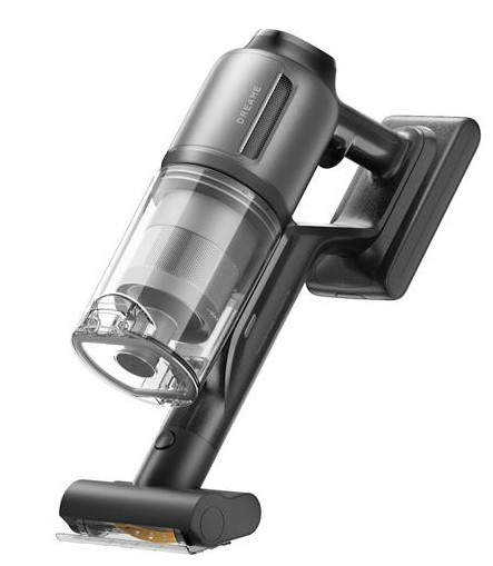 Czarno-szary bezprzewodowy odkurzacz z przezroczystym pojemnikiem na kurz i stacją ładującą.