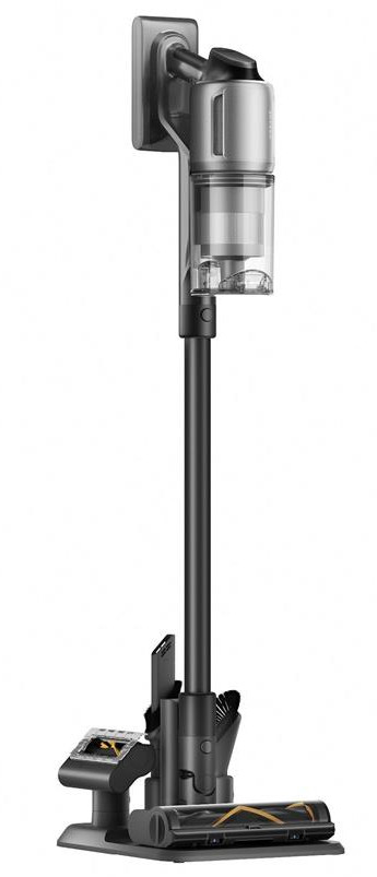 Szary i czarny bezprzewodowy odkurzacz, z bazą ładującą.