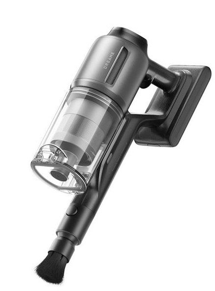 Bezprzewodowy odkurzacz, szary, z przezroczystym pojemnikiem na kurz i szczotką.