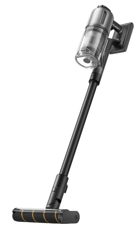 Bezprzewodowy odkurzacz na białym tle, z czarnym korpusem i przezroczystym pojemnikiem na kurz.