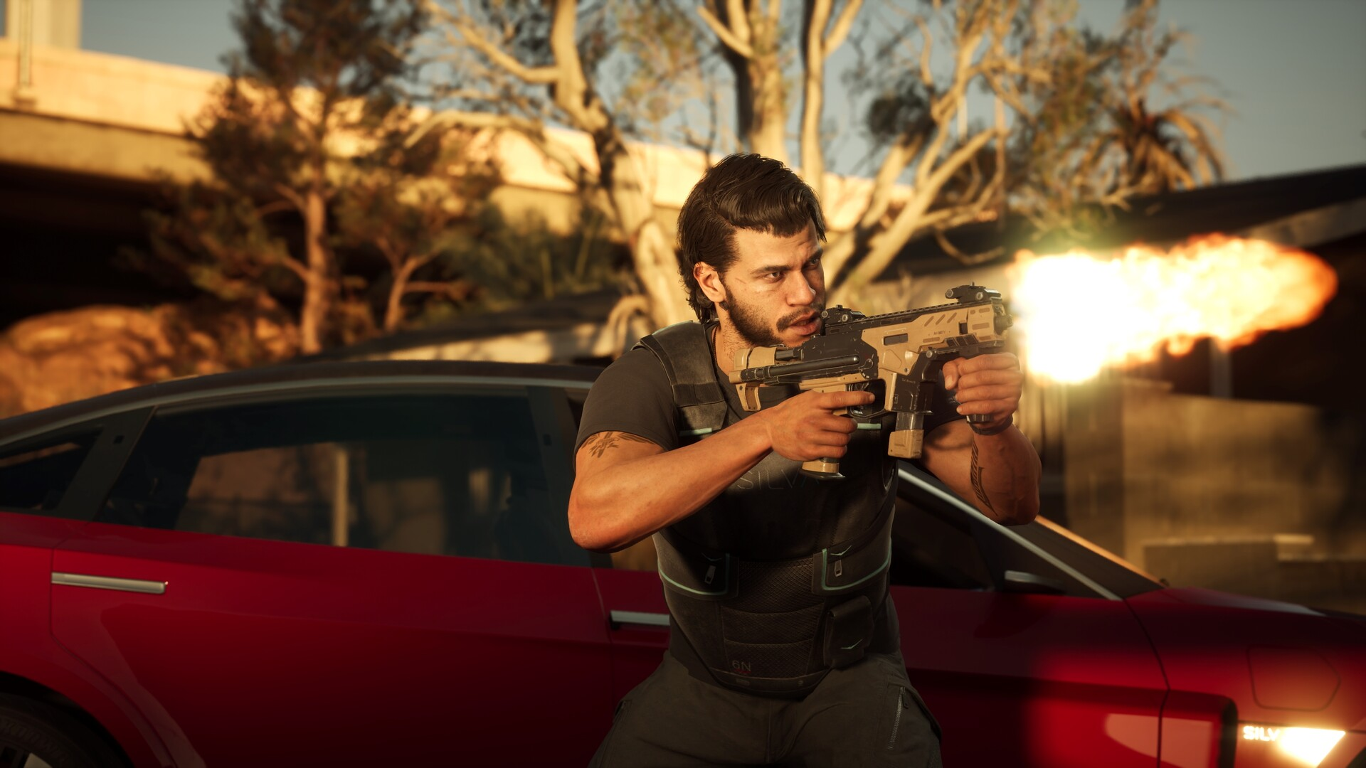 Mężczyzna strzela z pistoletu, z samochodem w tle i eksplozją po prawej stronie.