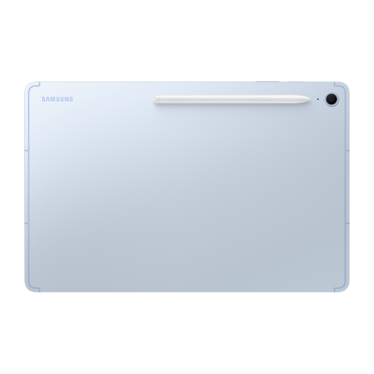 Üzerinde bir kalem bulunan açık mavi bir tablet. Samsung logosu üstte görünür.