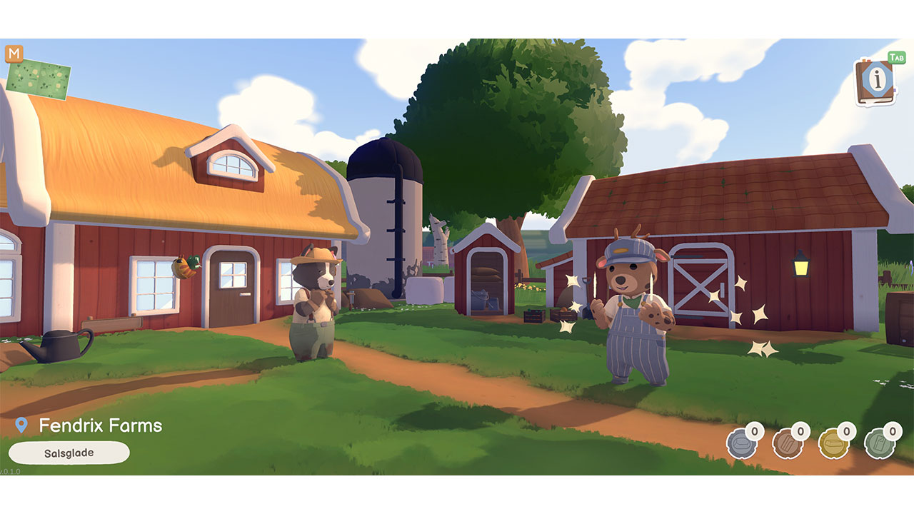 Scena z farmy z kreskówek: dwie postacie podobne do niedźwiedzi, czerwone stodoły, zielona trawa, błękitne niebo.