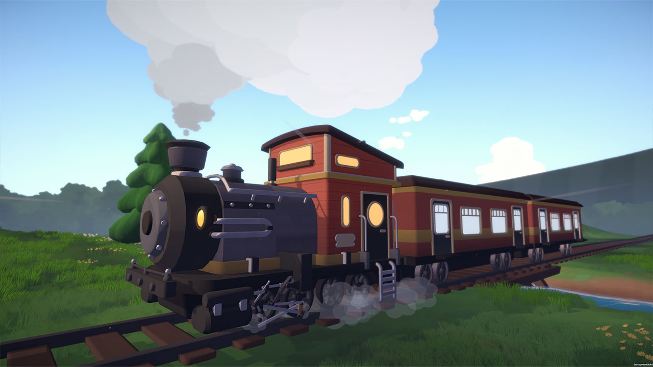 Kreskówkowy pociąg z czerwoną kabiną i wagonami na torach, w zielonym krajobrazie.