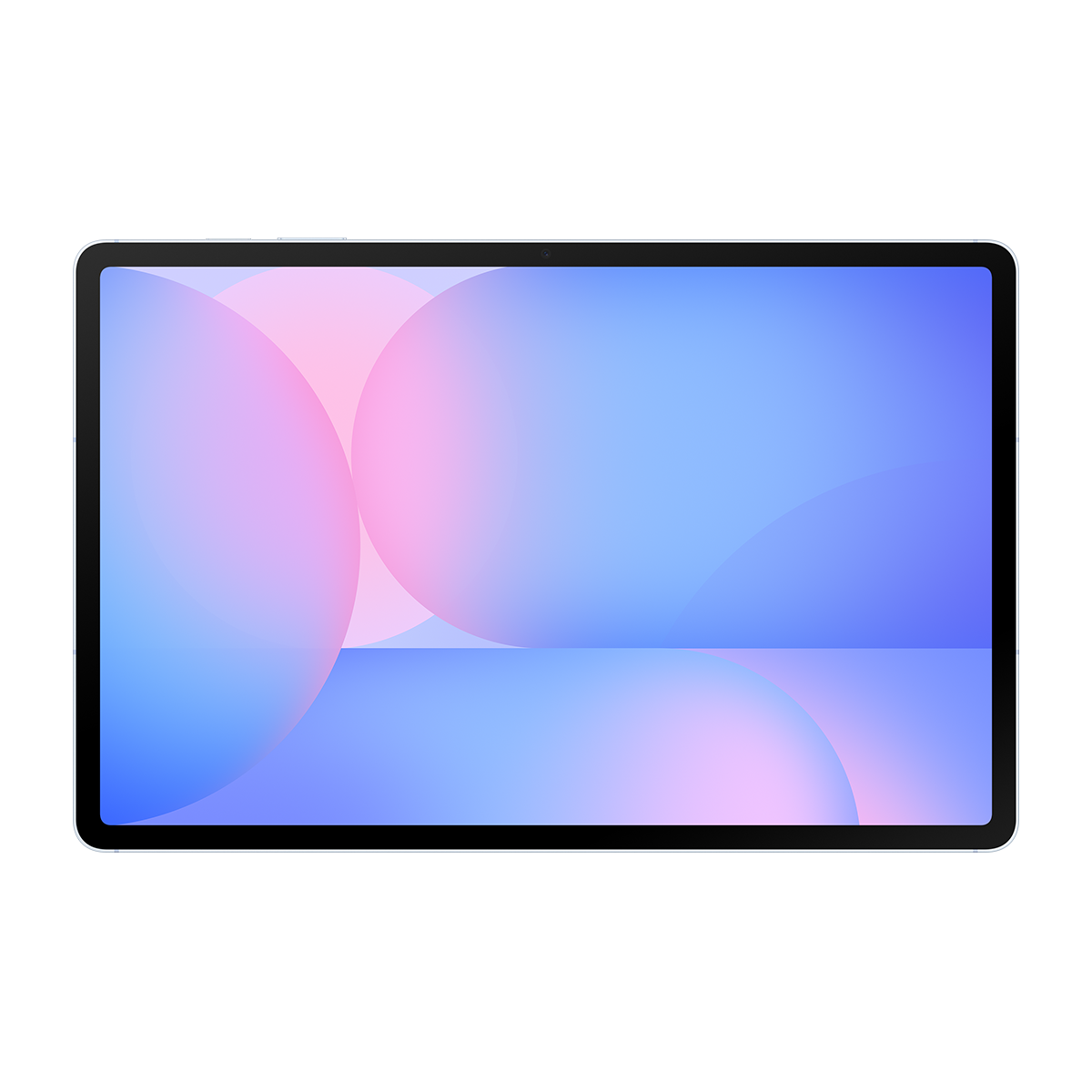 Beyaz çerçeveli ve mavi-pembe ekranlı bir tablet.