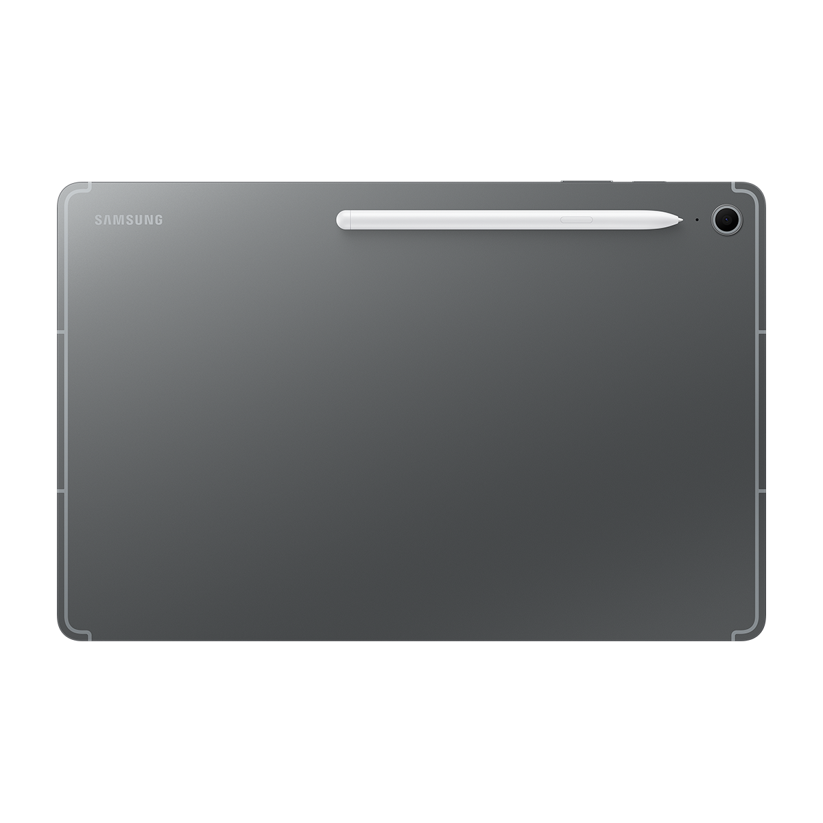Siyah arka plan üzerinde gri bir tablet. Tabletin arkası, bir kalem ve kamera ile.