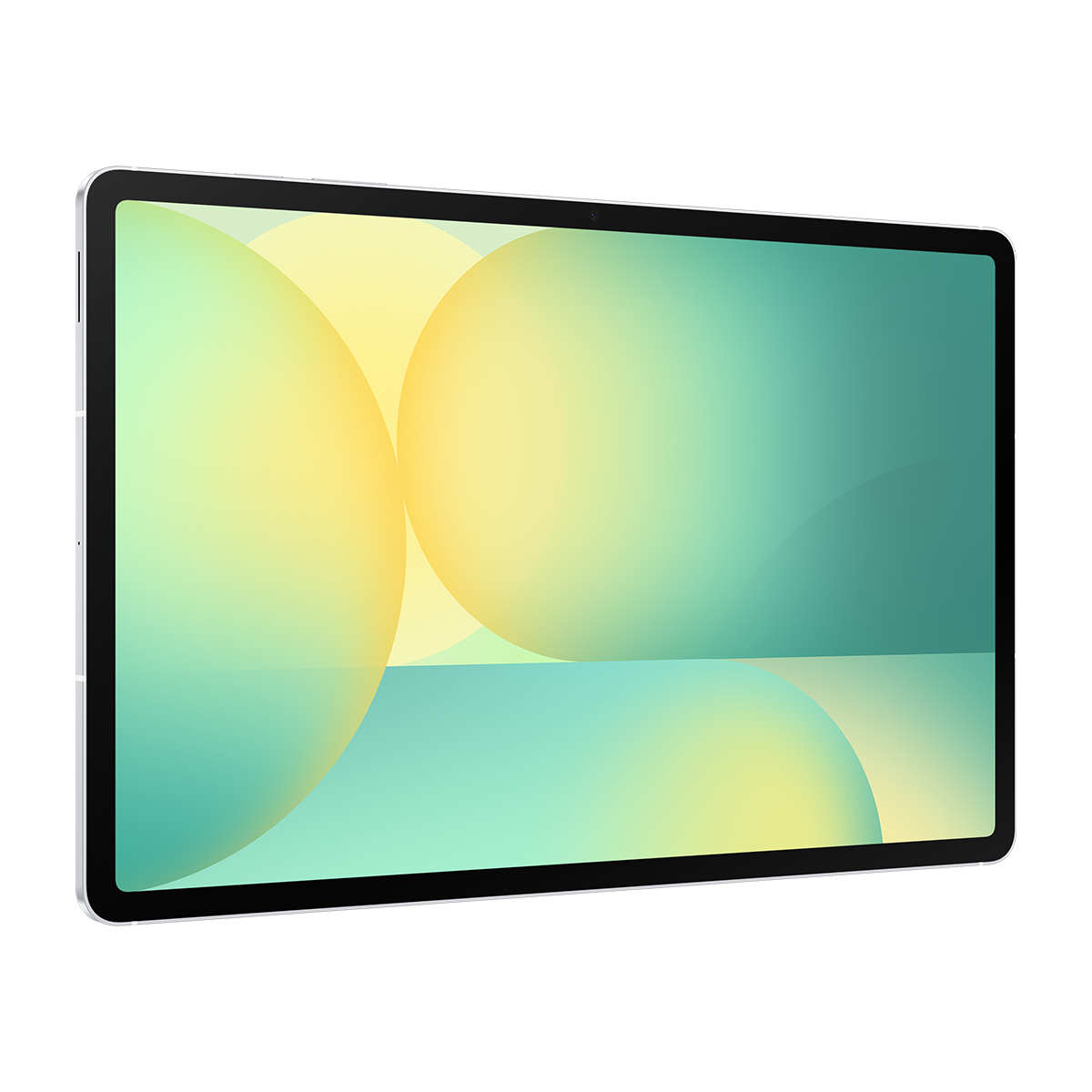 Ekranında yeşil ve sarı soyut şekiller gösteren bir tablet.