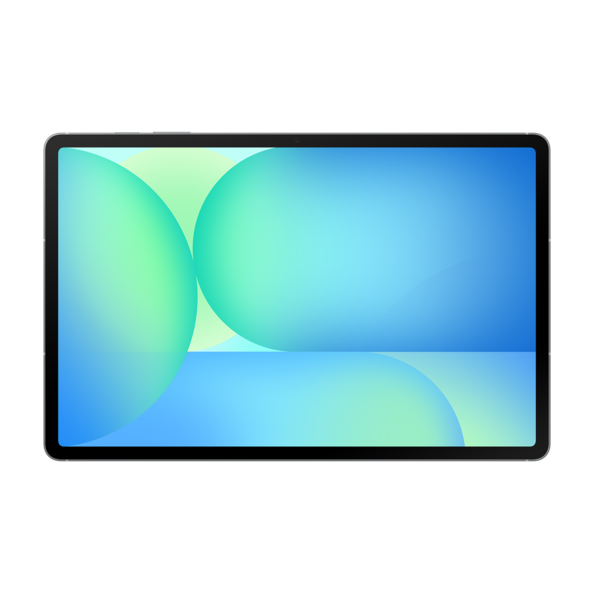Siyah bir arka plan üzerinde mavi ve yeşil daireler gösteren bir ekranlı tablet.