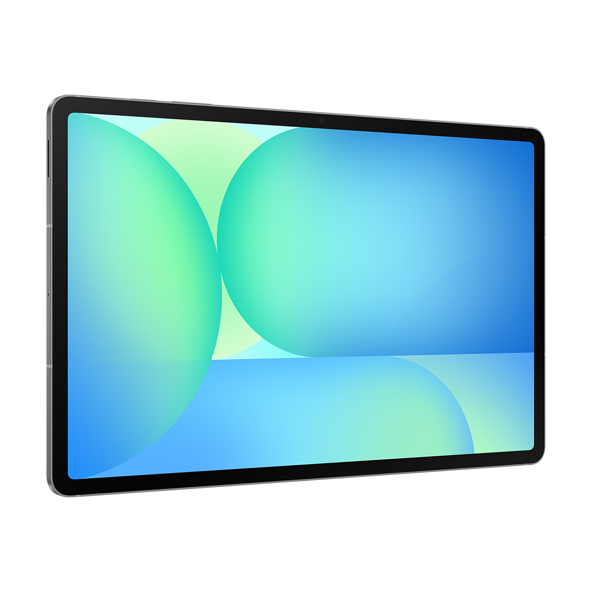 Gümüş çerçeveli ve siyah arka planda mavi ve yeşil dairelerin gradyanını gösteren bir tablet.