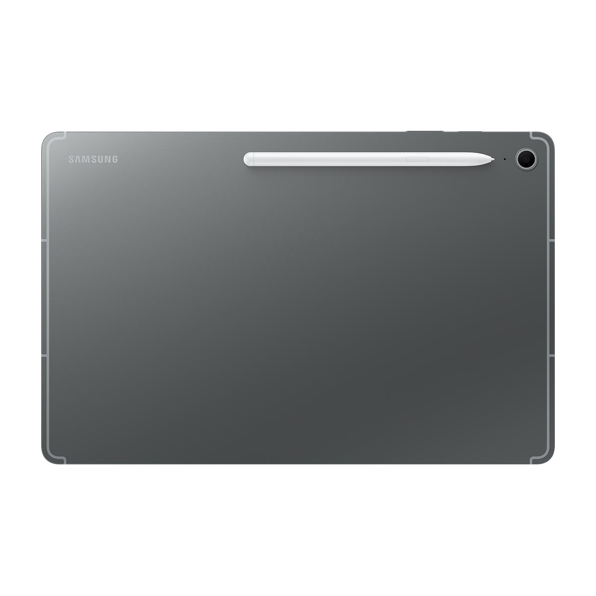 Üzerinde bir kalem bulunan gri bir tablet. Tablet yataydır ve koyu bir arka plana sahiptir.