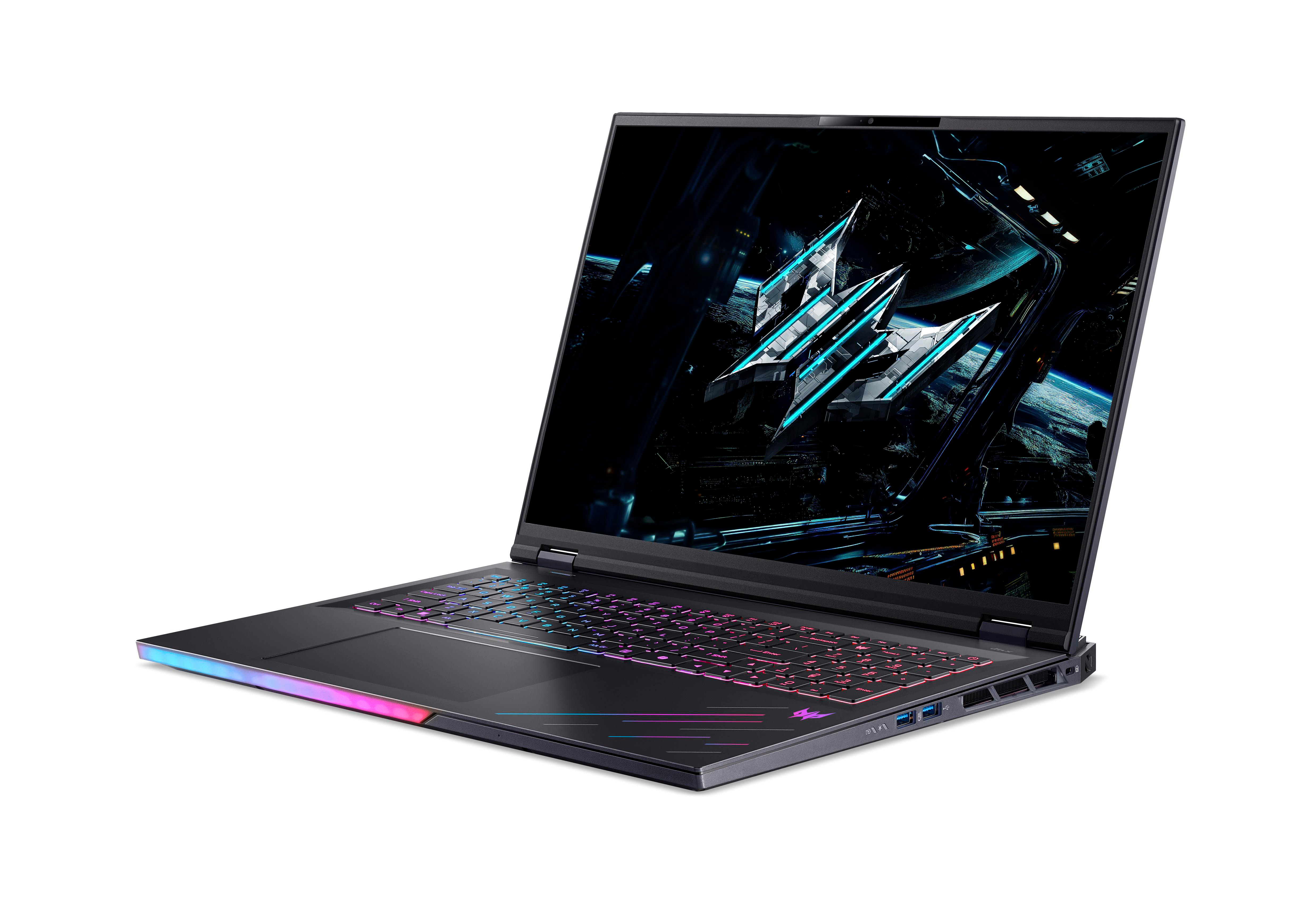 Schwarzer Laptop mit farbenfroher Tastatur auf weißer Oberfläche, Bildschirm zeigt Logo.
