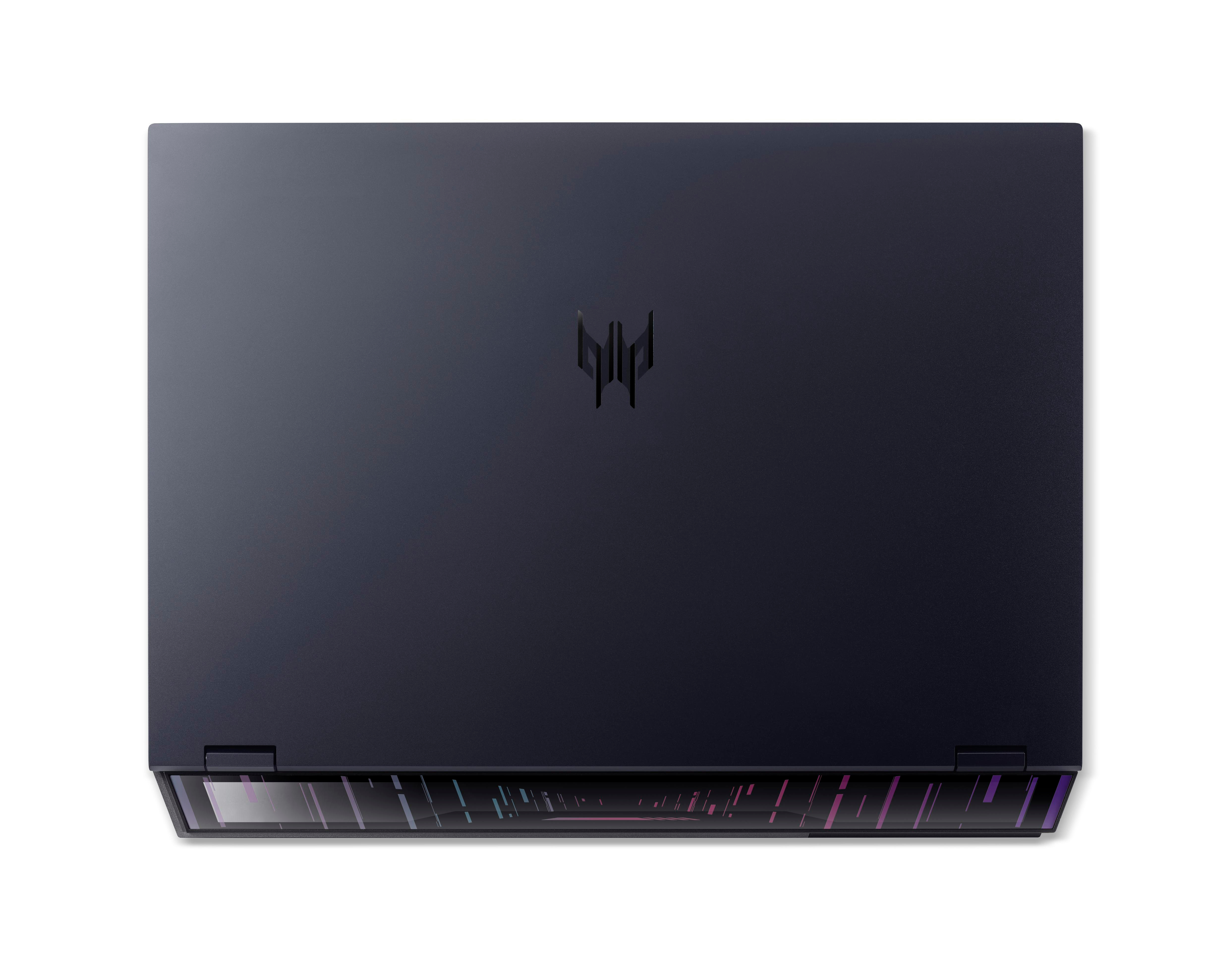 Dunkler Laptop, Draufsicht, mit Logo in der Mitte. Weißer Hintergrund.