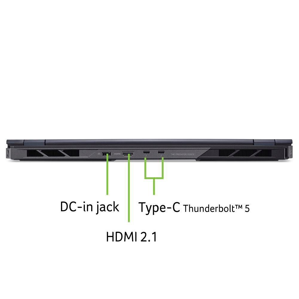 Nahaufnahme der Rückseite eines Laptops mit beschrifteten Anschlüssen.