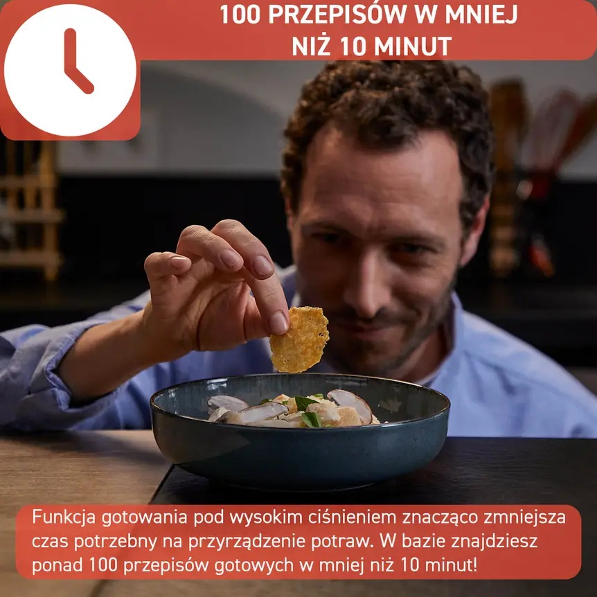 Mężczyzna z miską jedzenia, tekst mówi: '100 przepisów w mniej niż 10 minut'.
