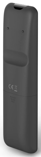 Zbliżenie tyłu ciemnoszarego pilota z przyciskami i logo.