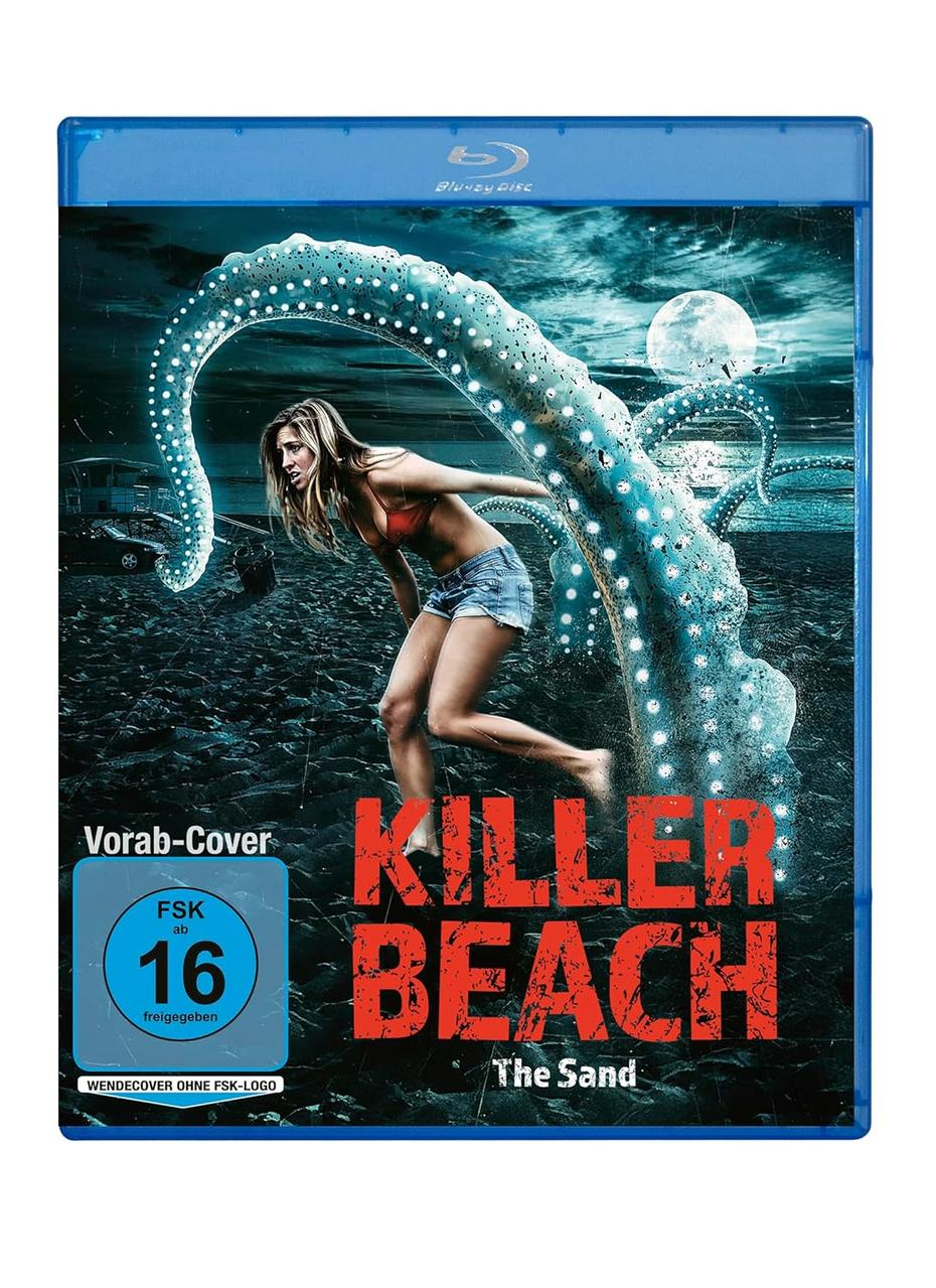 Filmcover zeigt eine Frau, die vor einem großen Tentakel flieht, Titel: Killer Beach.