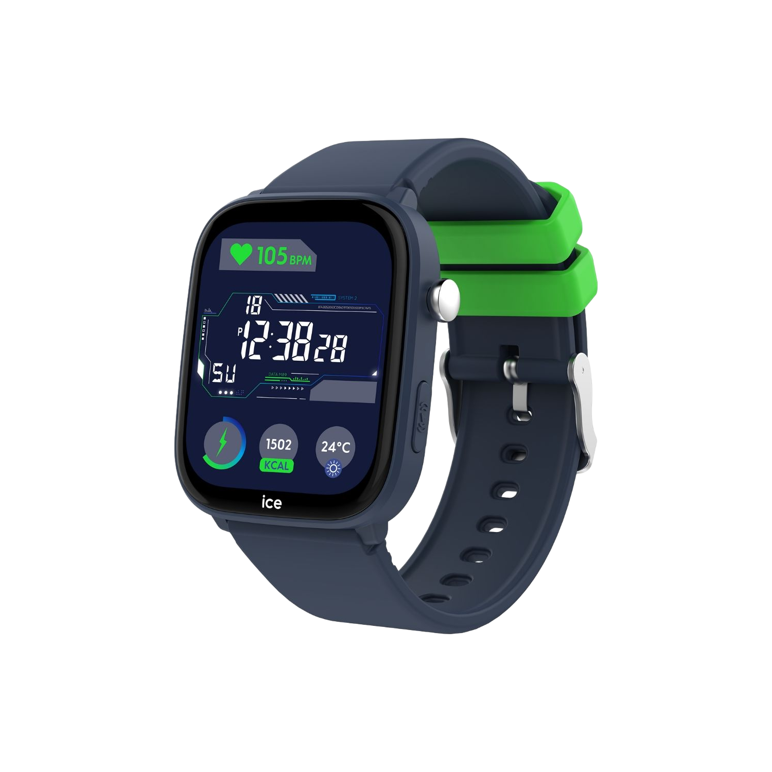 Smartwatch met een blauwe band en groene accenten. Toont tijd, hartslag en andere gegevens.