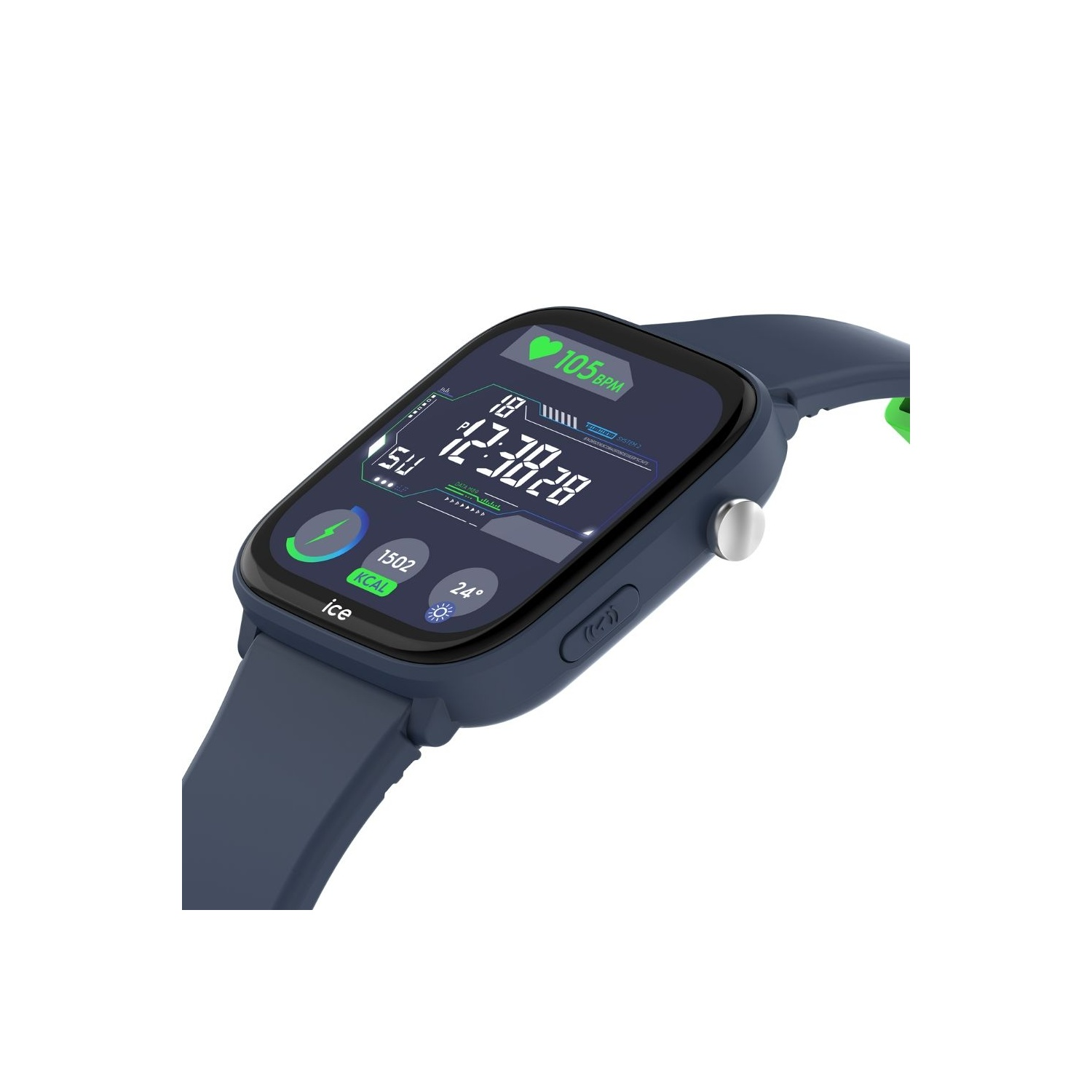 Een blauwe smartwatch met een gebogen scherm toont gegevens.