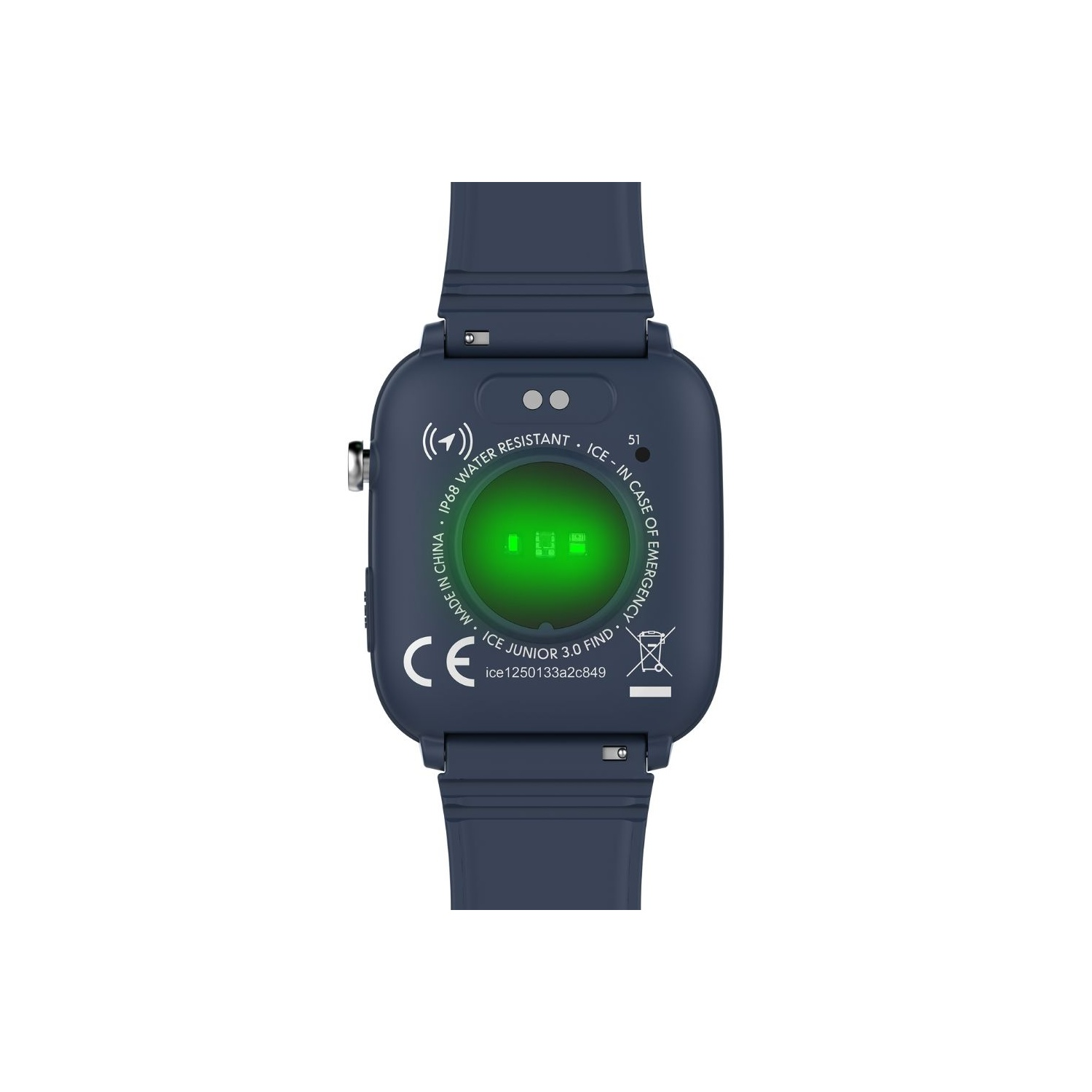 Achteraanzicht van een donkerblauwe smartwatch, met een hartslagsensor. Het zit op een blauwe band.