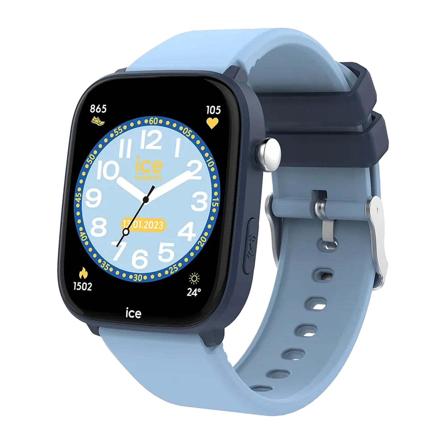 Montre connectée bleu clair avec bracelet bleu foncé. L'écran affiche l'heure et la date.