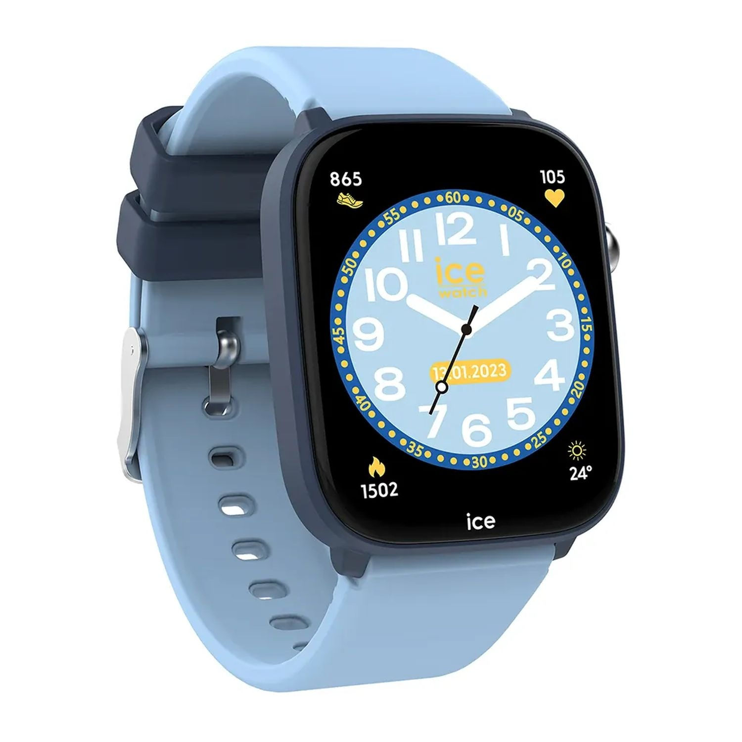 Une smartwatch bleu clair avec un écran noir affichant l'heure et d'autres données.