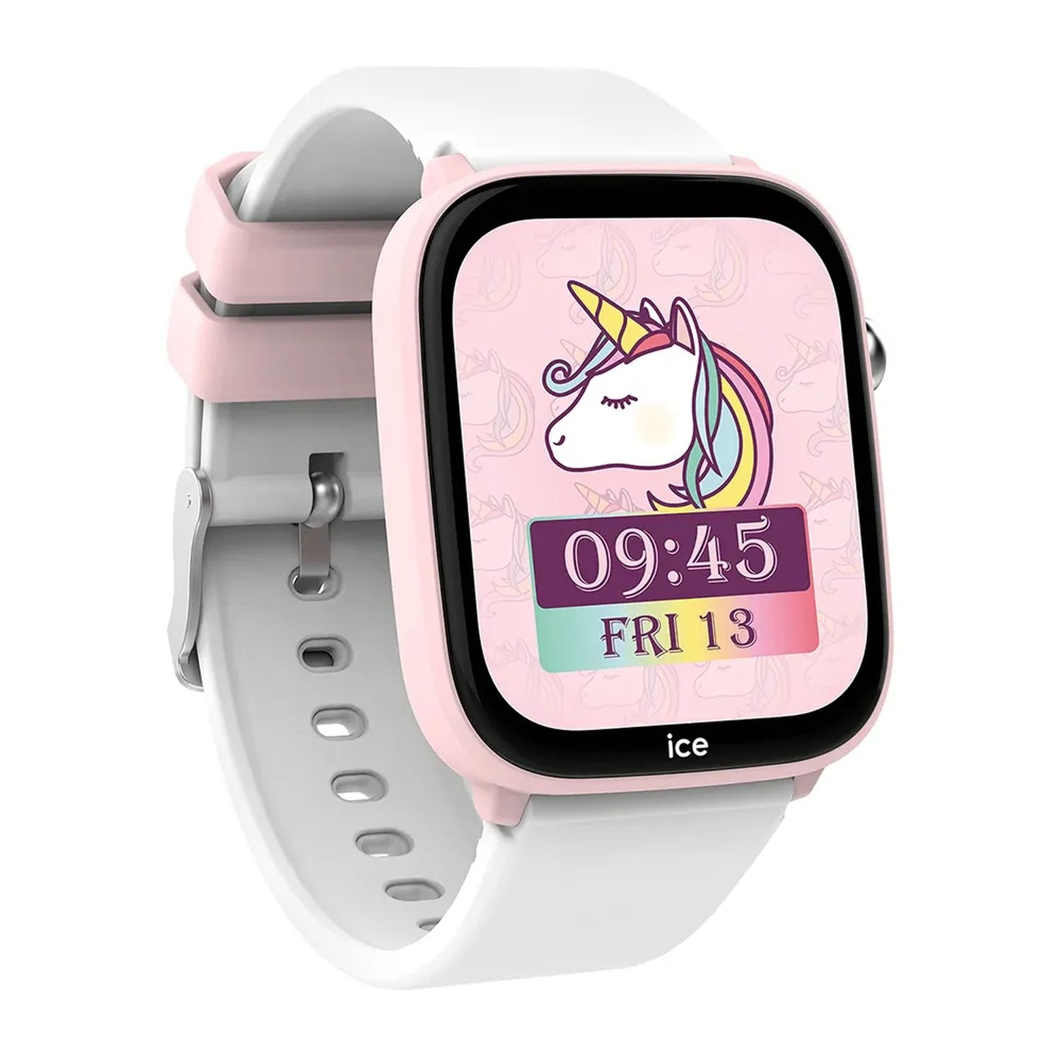 Een roze en witte smartwatch met een eenhoorn display en de tijd 09:45.