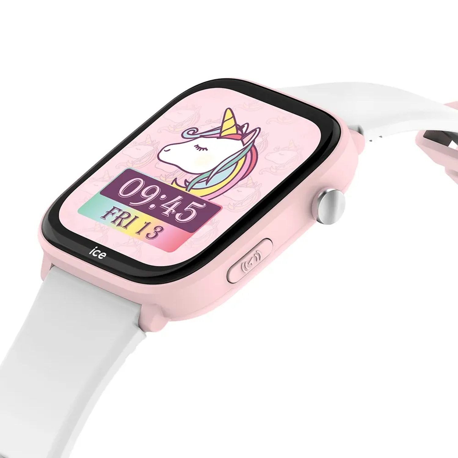 Roze smartwatch met eenhoornscherm, tijd en datum. Witte band.