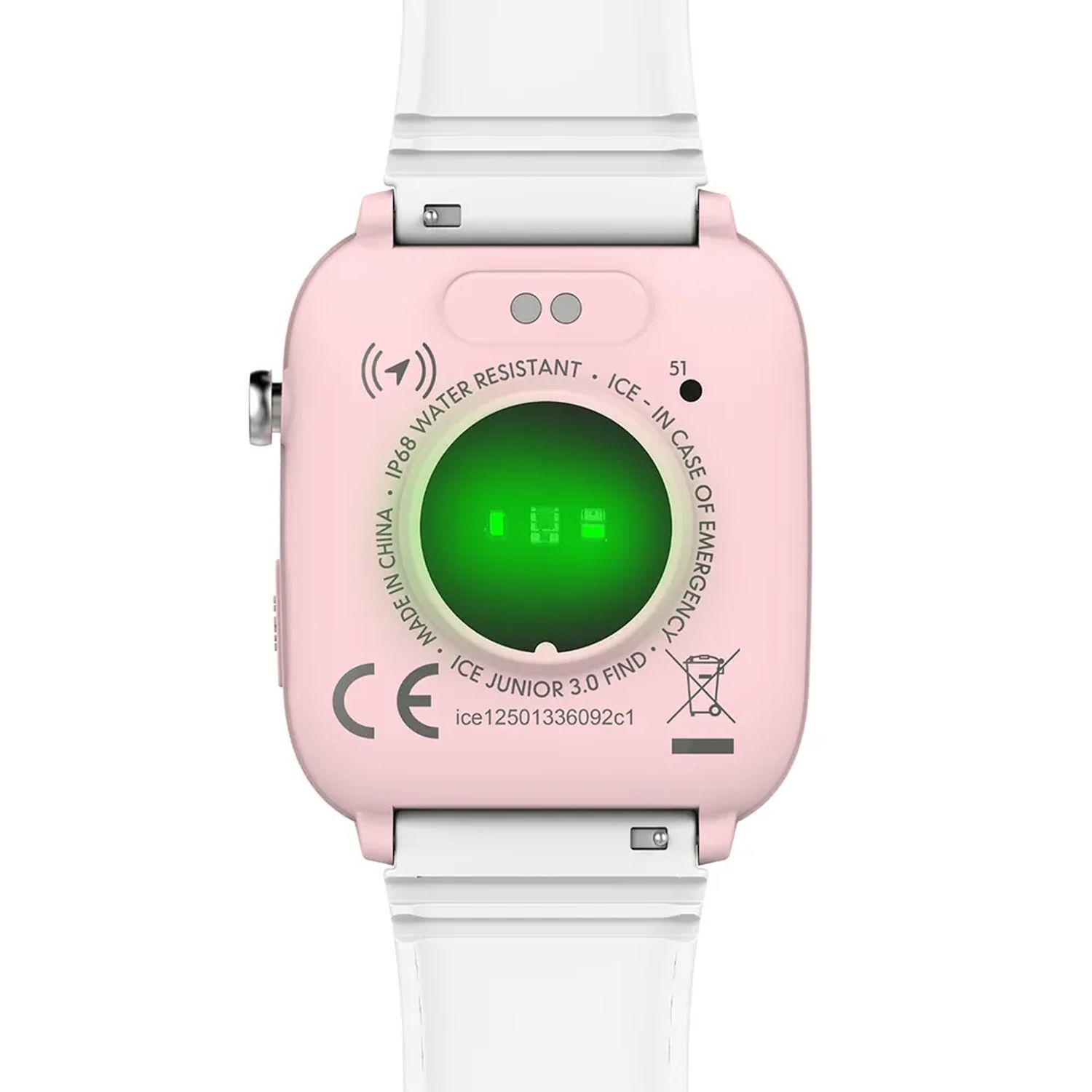Roze smartwatch met witte bandjes, achteraanzicht. Voorzien van een groene hartslagsensor en diverse labels.
