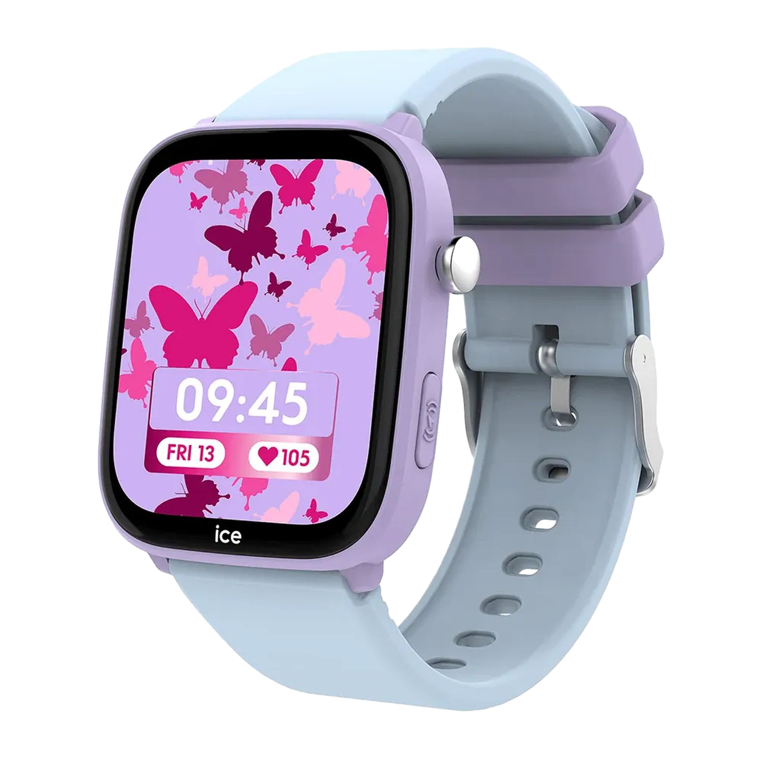 Een smartwatch met lichtblauwe band, paarse behuizing en een display met vlinders en de tijd.