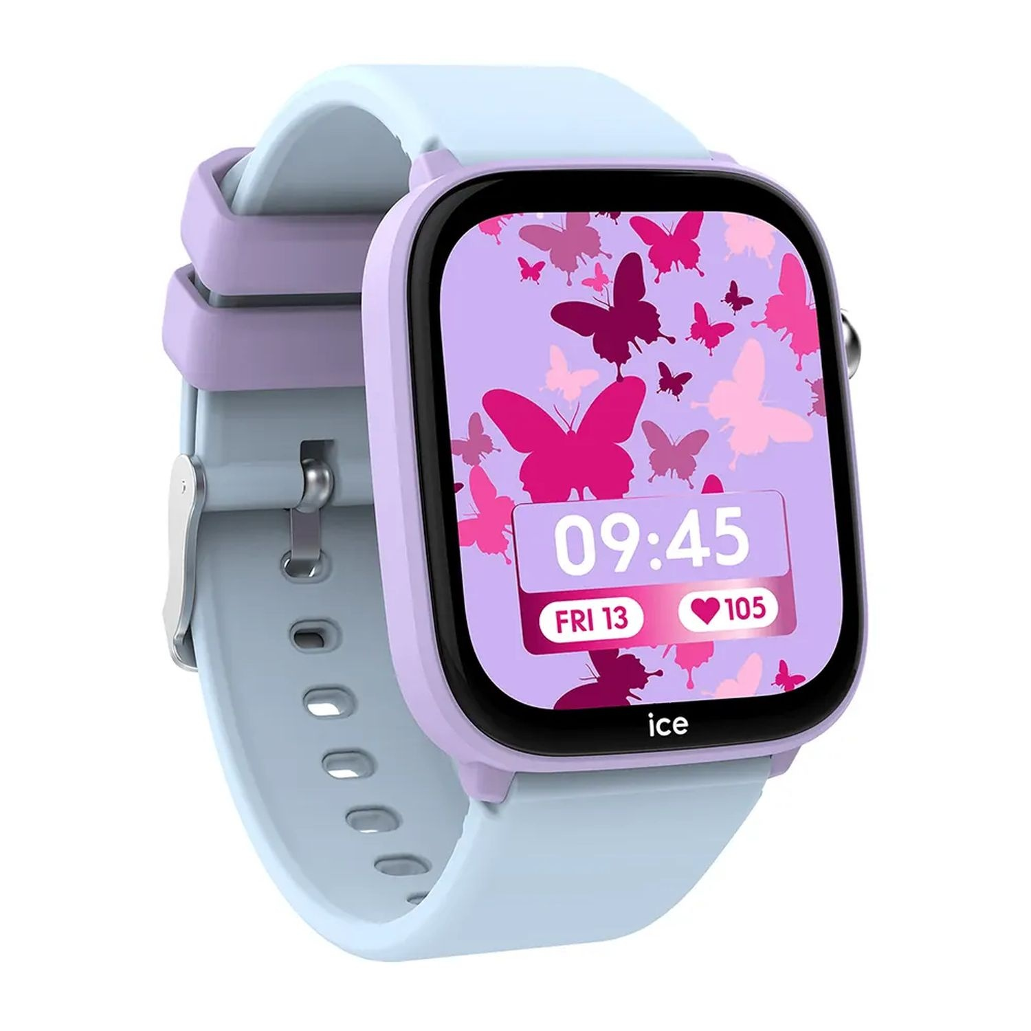 Een lichtblauwe en paarse smartwatch met een vlinderdisplay en de tijd 09:45.