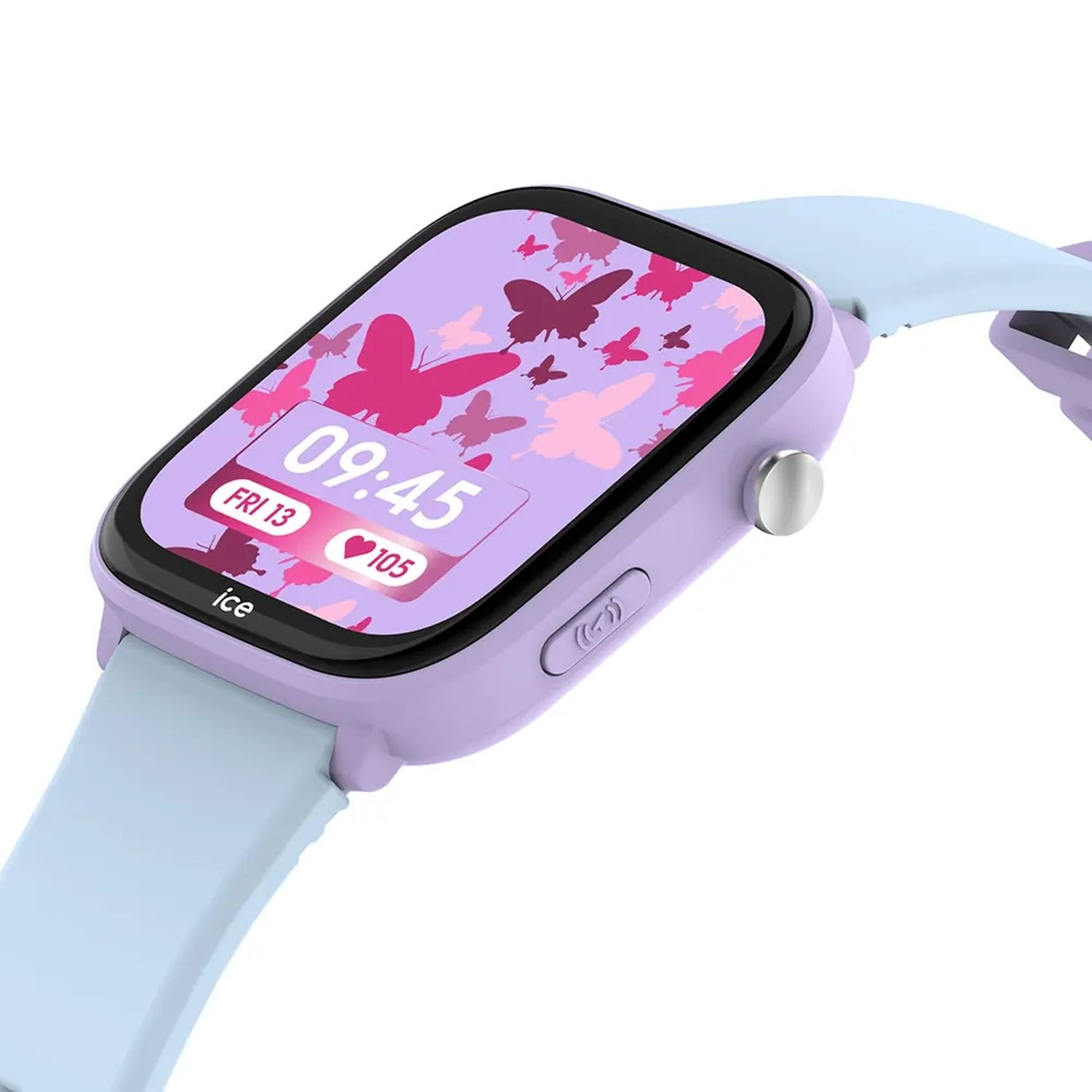 Een paarse smartwatch met een blauwe band toont 09:45.