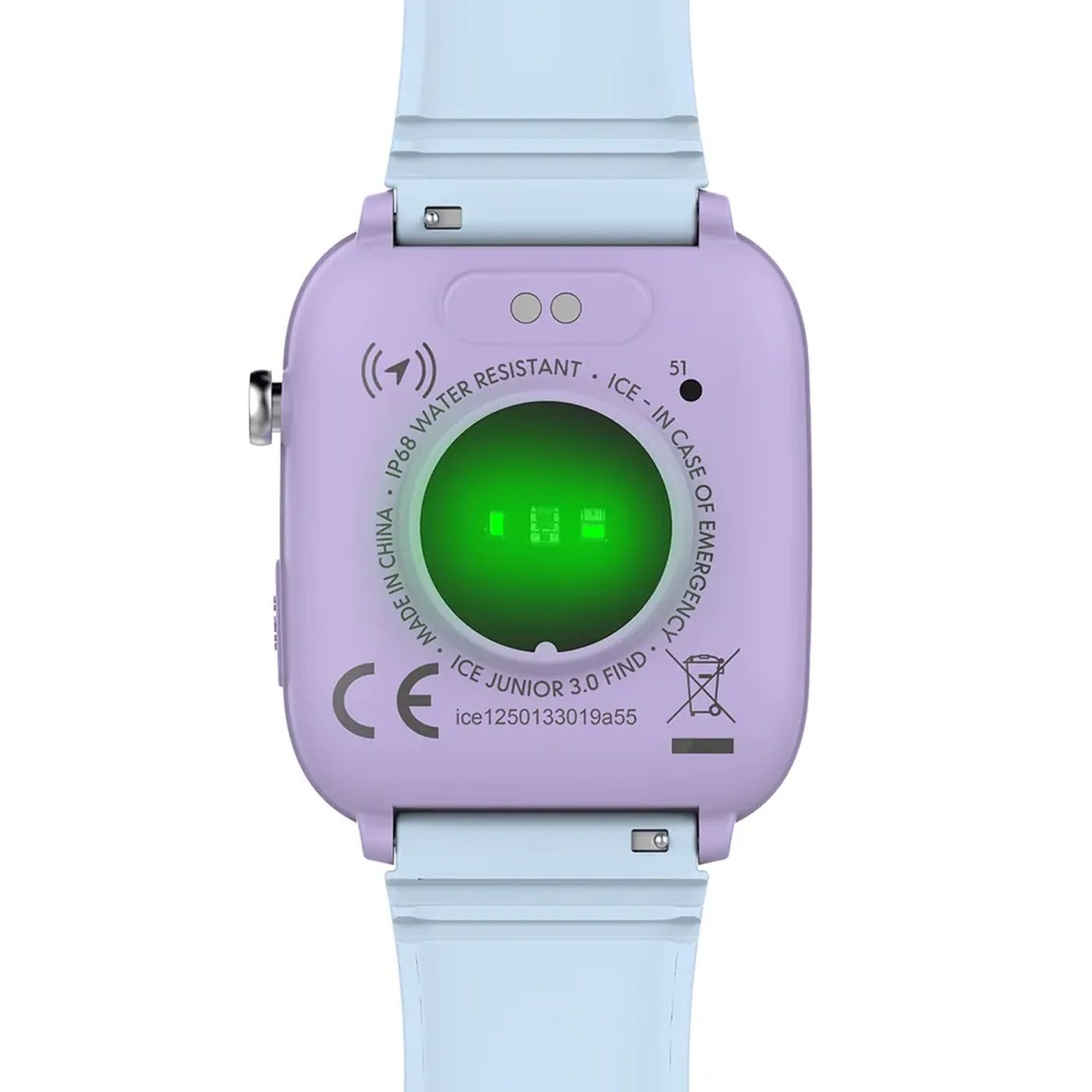 Paarse smartwatch-achterkant met sensor en details, op een lichtblauwe polsband.