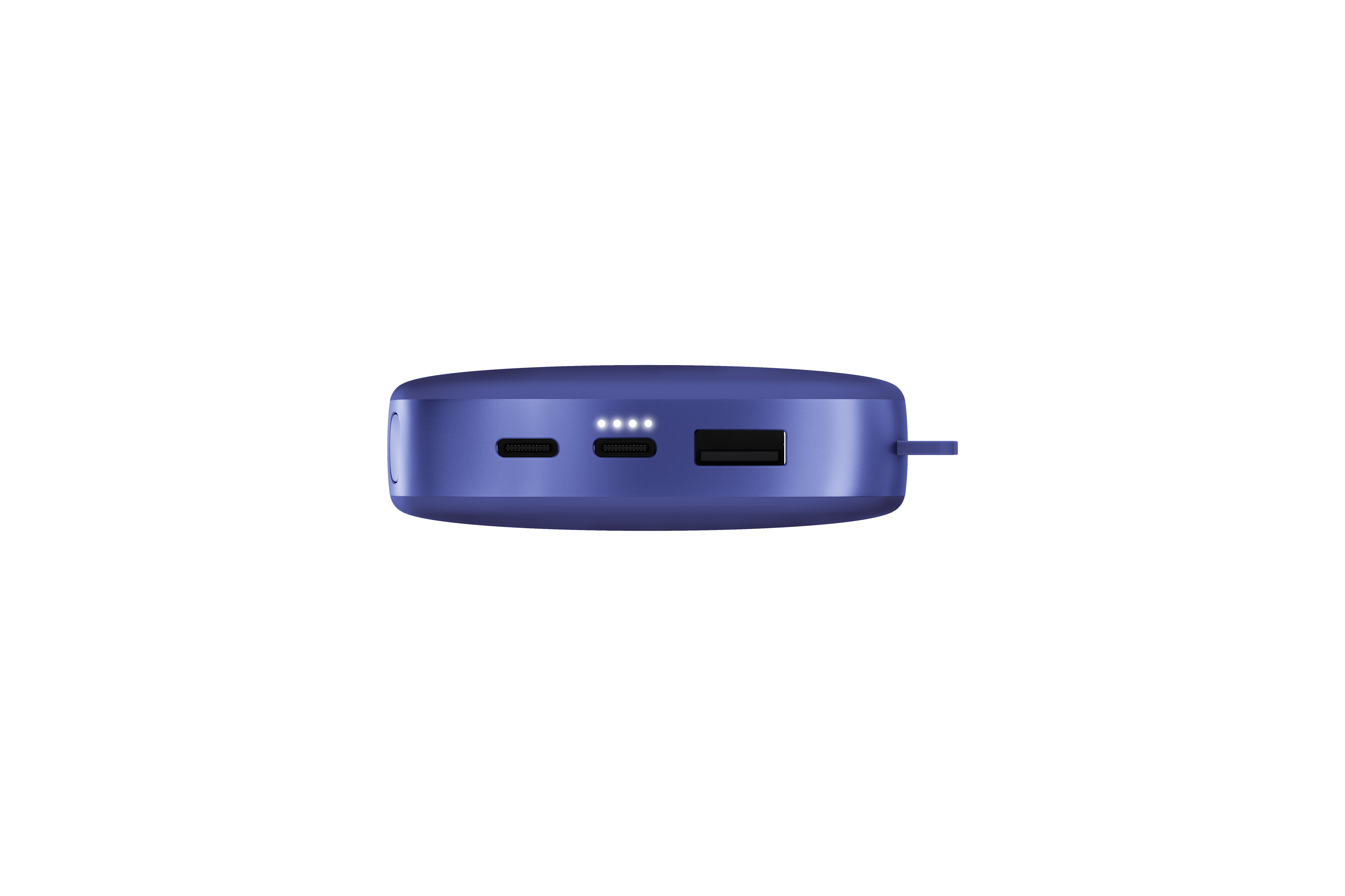 Blaue Powerbank mit USB- und USB-C-Anschlüssen. Weißer Hintergrund. Vier weiße Kontrollleuchten.
