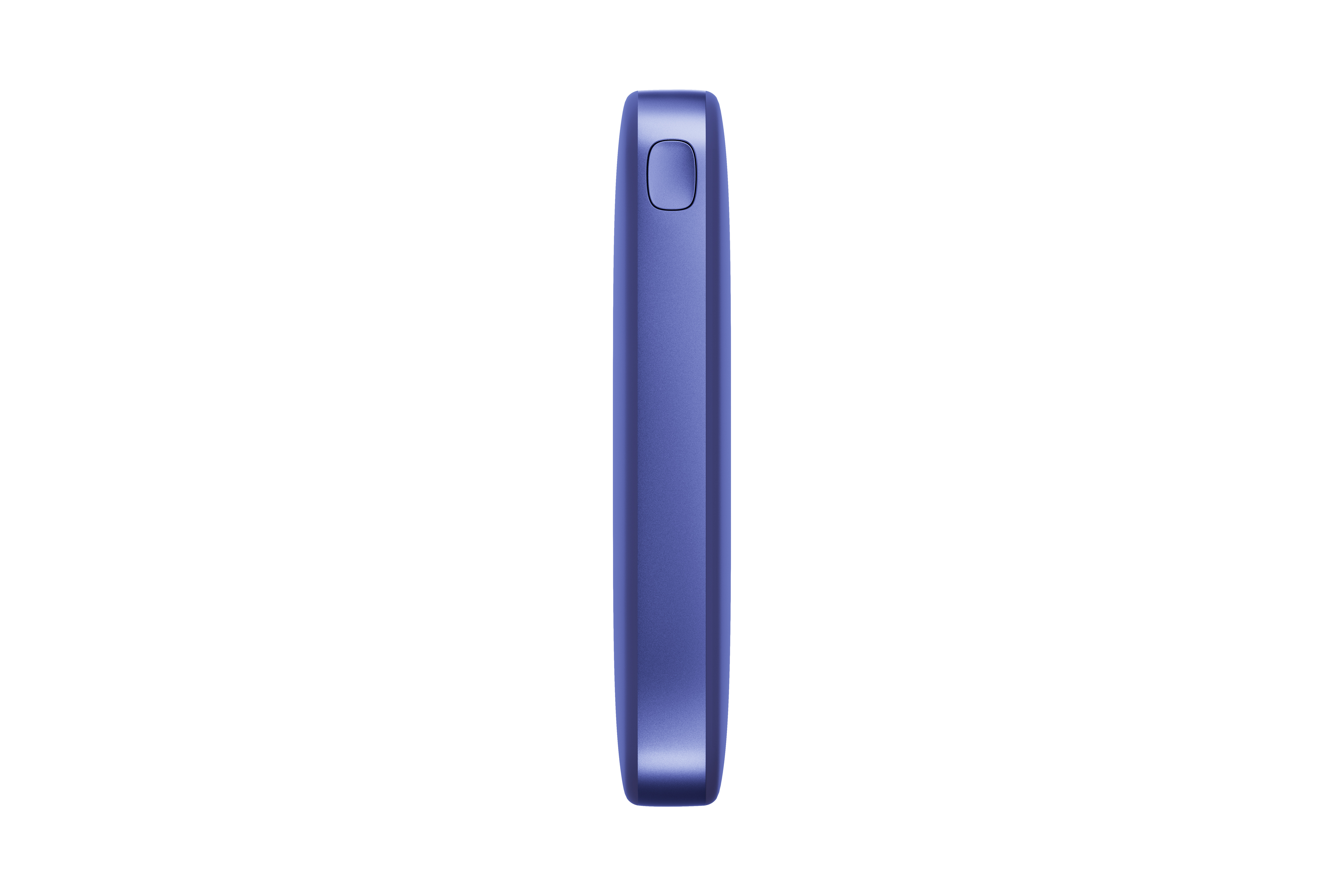 Ein blaues, zylindrisches Gerät, möglicherweise ein Vape Pen oder Ähnliches, vor weißem Hintergrund, von der Seite betrachtet.