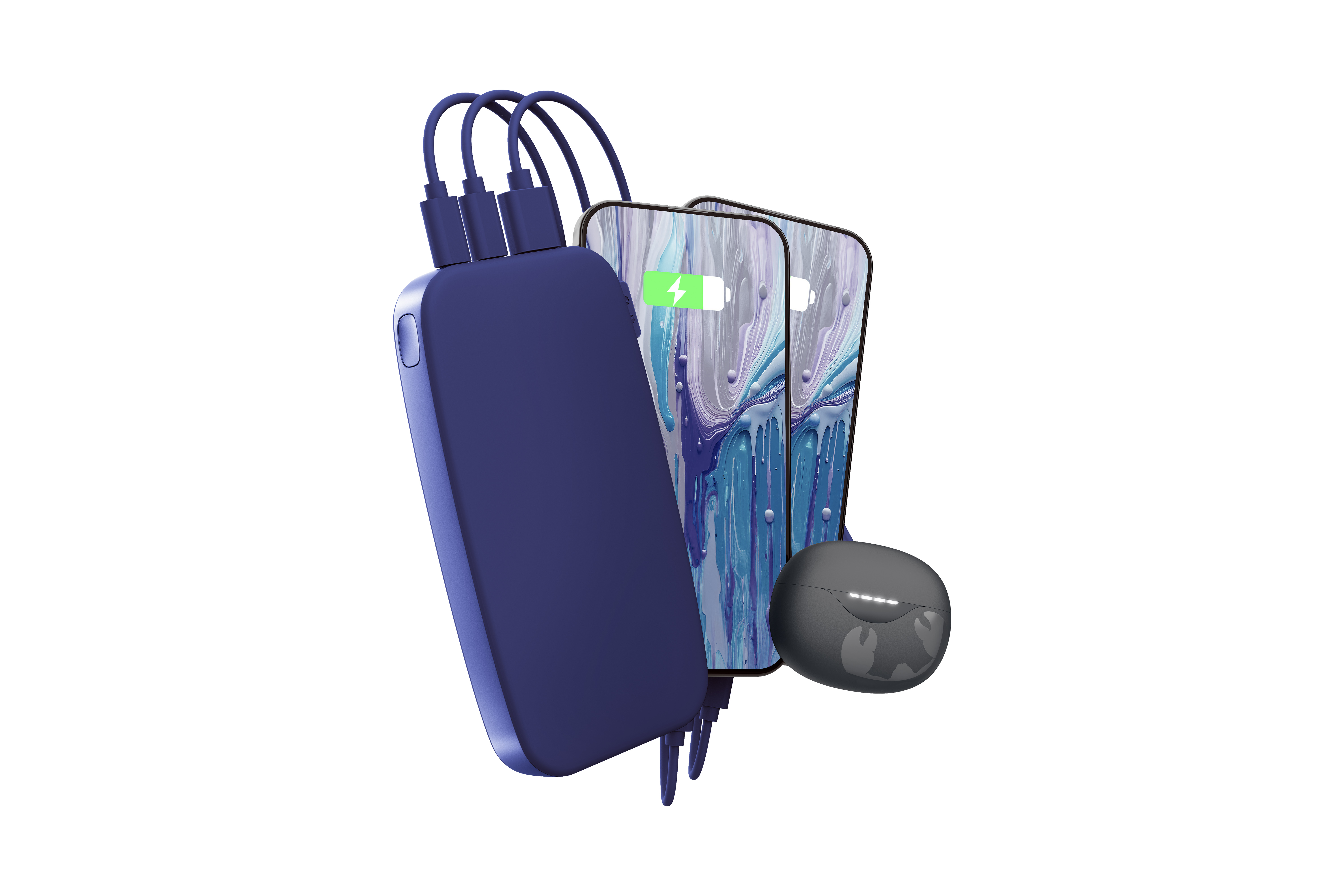 Eine blaue Powerbank mit Kabeln und einem Smartphone. Auf weißem Hintergrund ist ein kabelloser Ohrhörer.