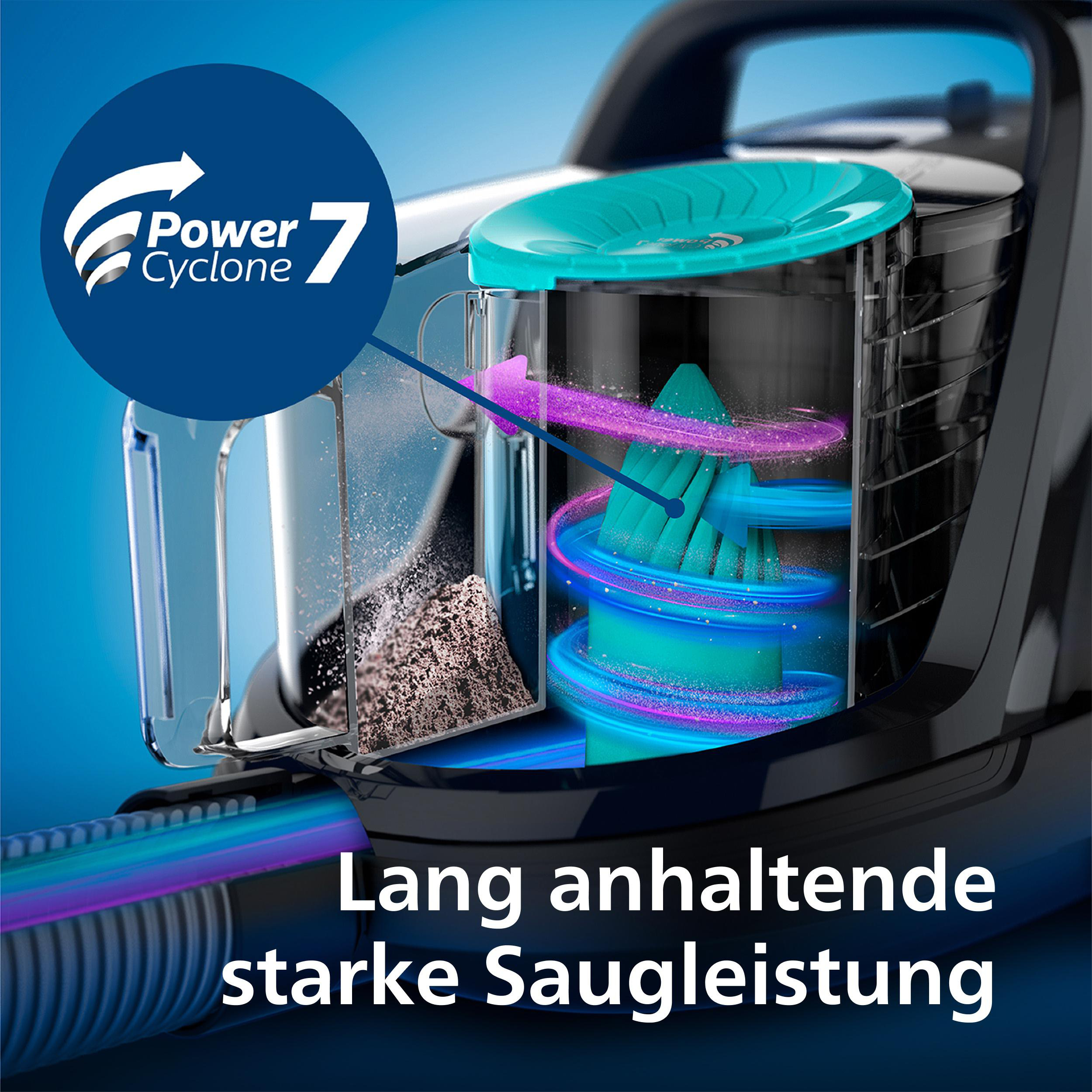 Staubsauger, der das Innere zeigt, schwarz mit rosa und lila Details, Text Power Cyclone 7.
