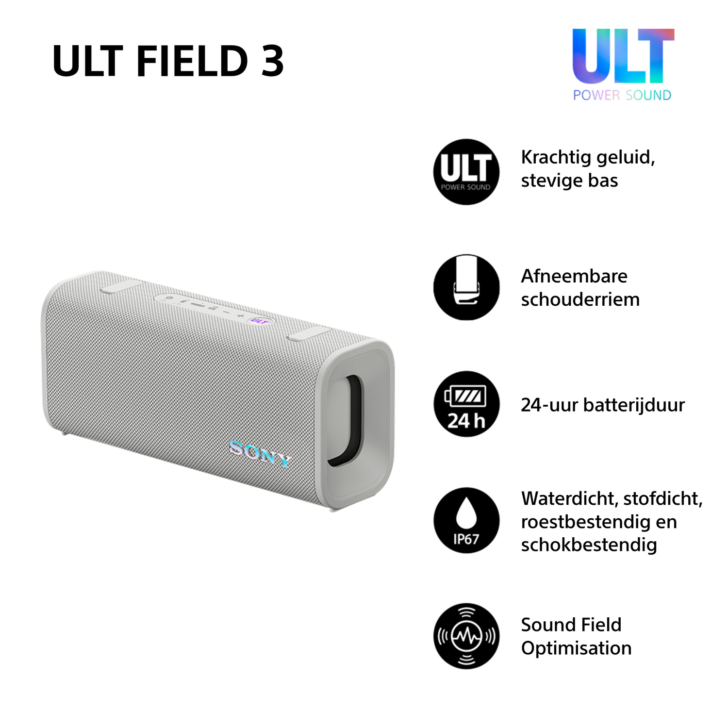 White and grey rectangular speaker with buttons and icons, and text describing features.
