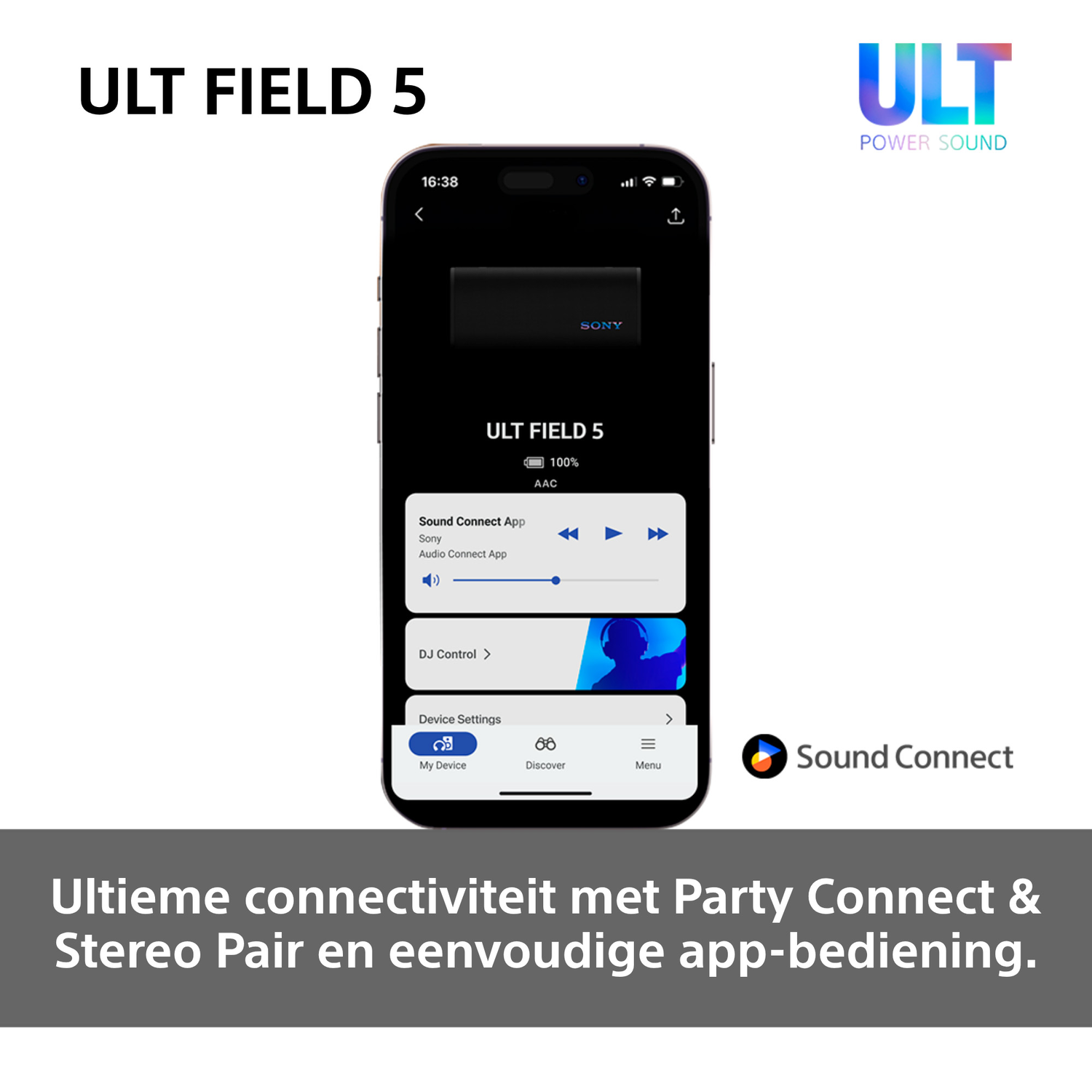 Een smartphone toont een app-interface met een luidspreker. Tekst eronder, het ULT-logo rechts.