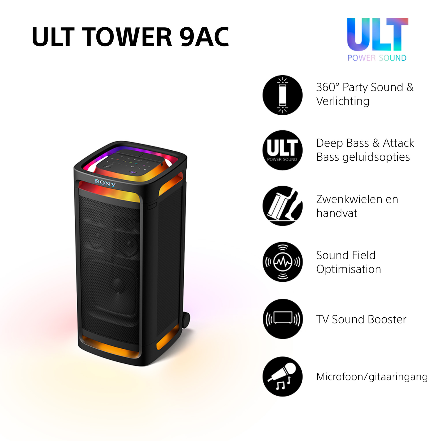 Black speaker with colorful lights. Text includes features and product name.
