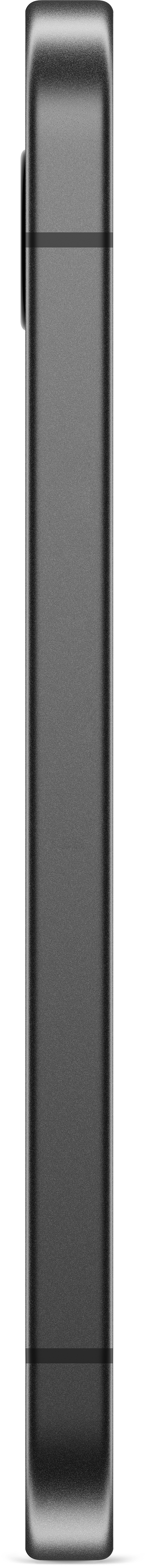 Ein schwarzes Telefon von der Seite, der Rahmen ist sichtbar und die Oberfläche ist matt.