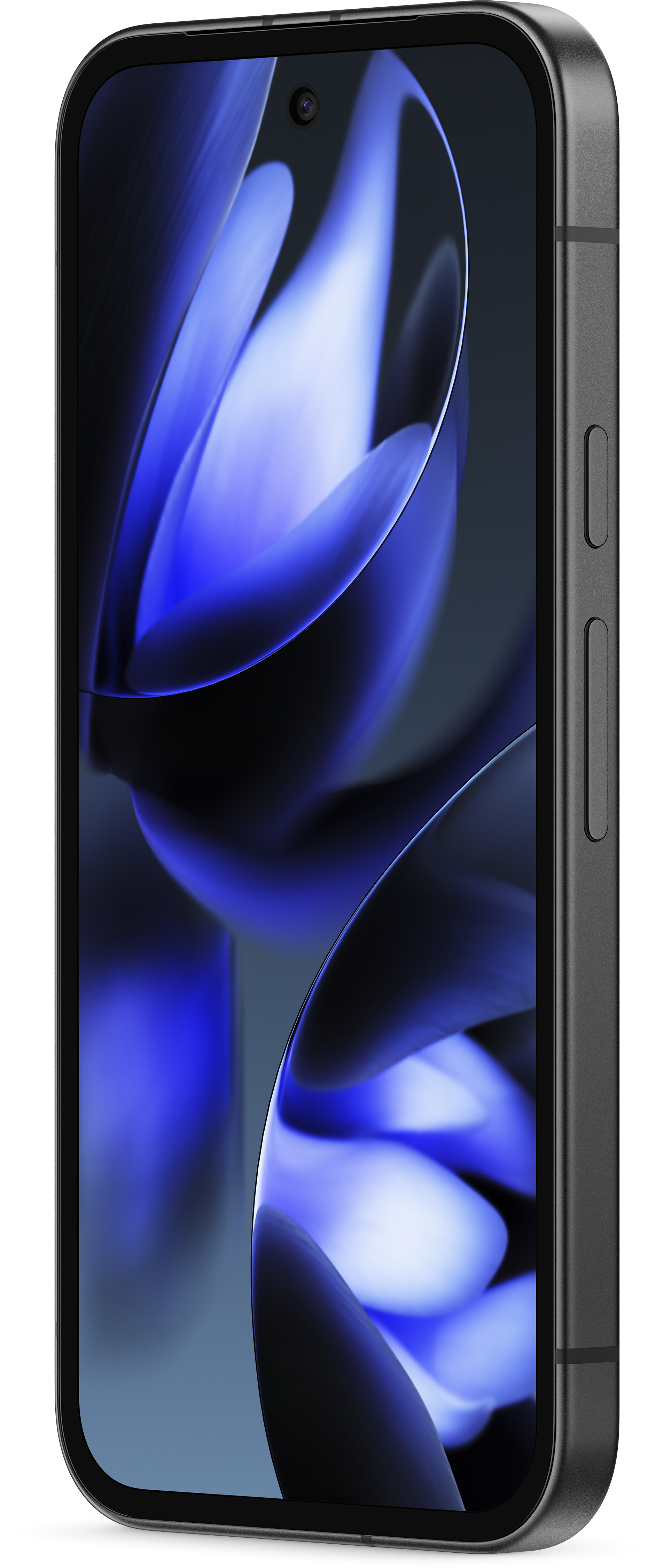 Nahaufnahme eines schwarzen Smartphones, das ein Display mit blauem Kunstwerk zeigt.